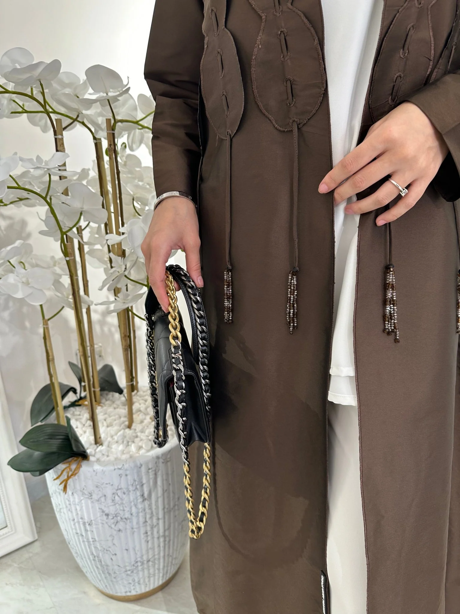 C Brown Tafetta Tassel Eid Abaya - Image 2