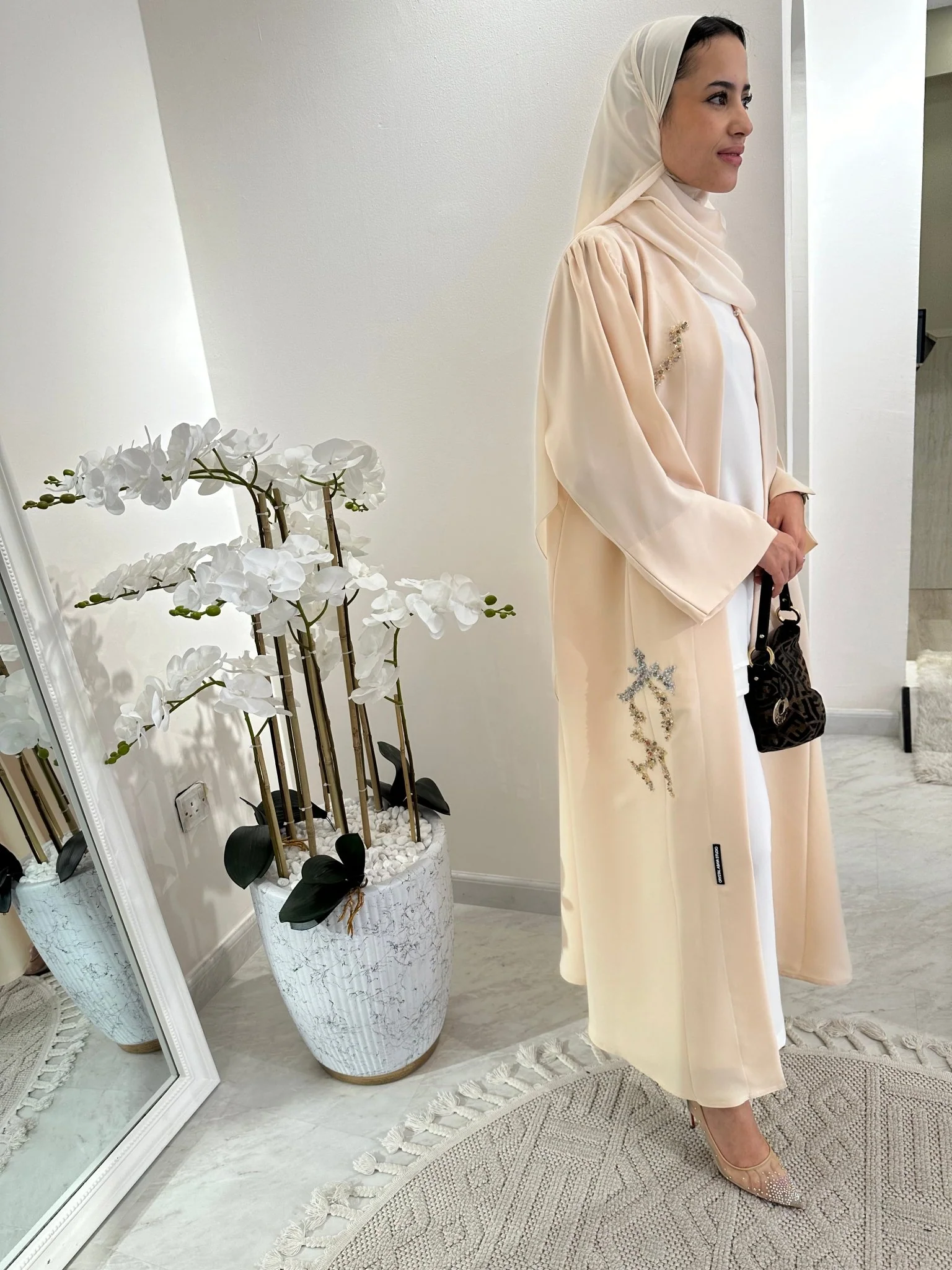 C Cream Beaded Eid Abaya - Image 3