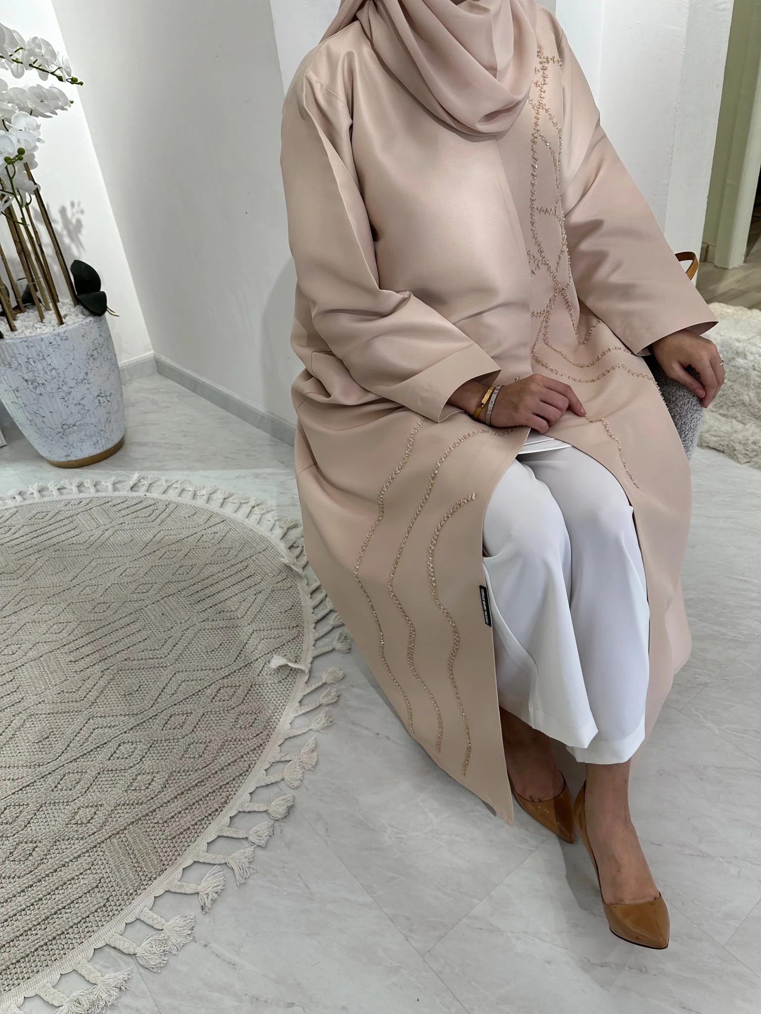 C Cream Satin Beaded Eid Abaya - Image 13