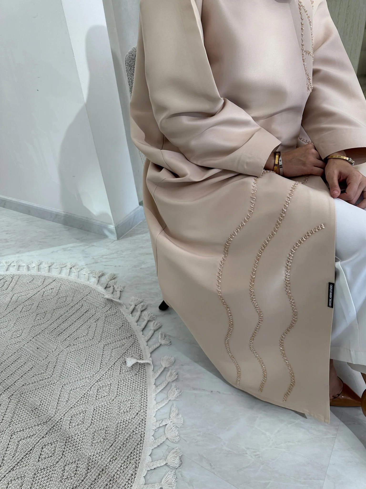 C Cream Satin Beaded Eid Abaya - Image 5