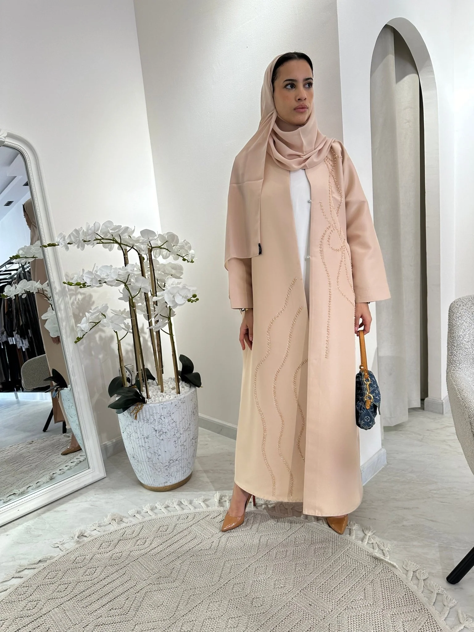 C Cream Satin Beaded Eid Abaya - Image 9