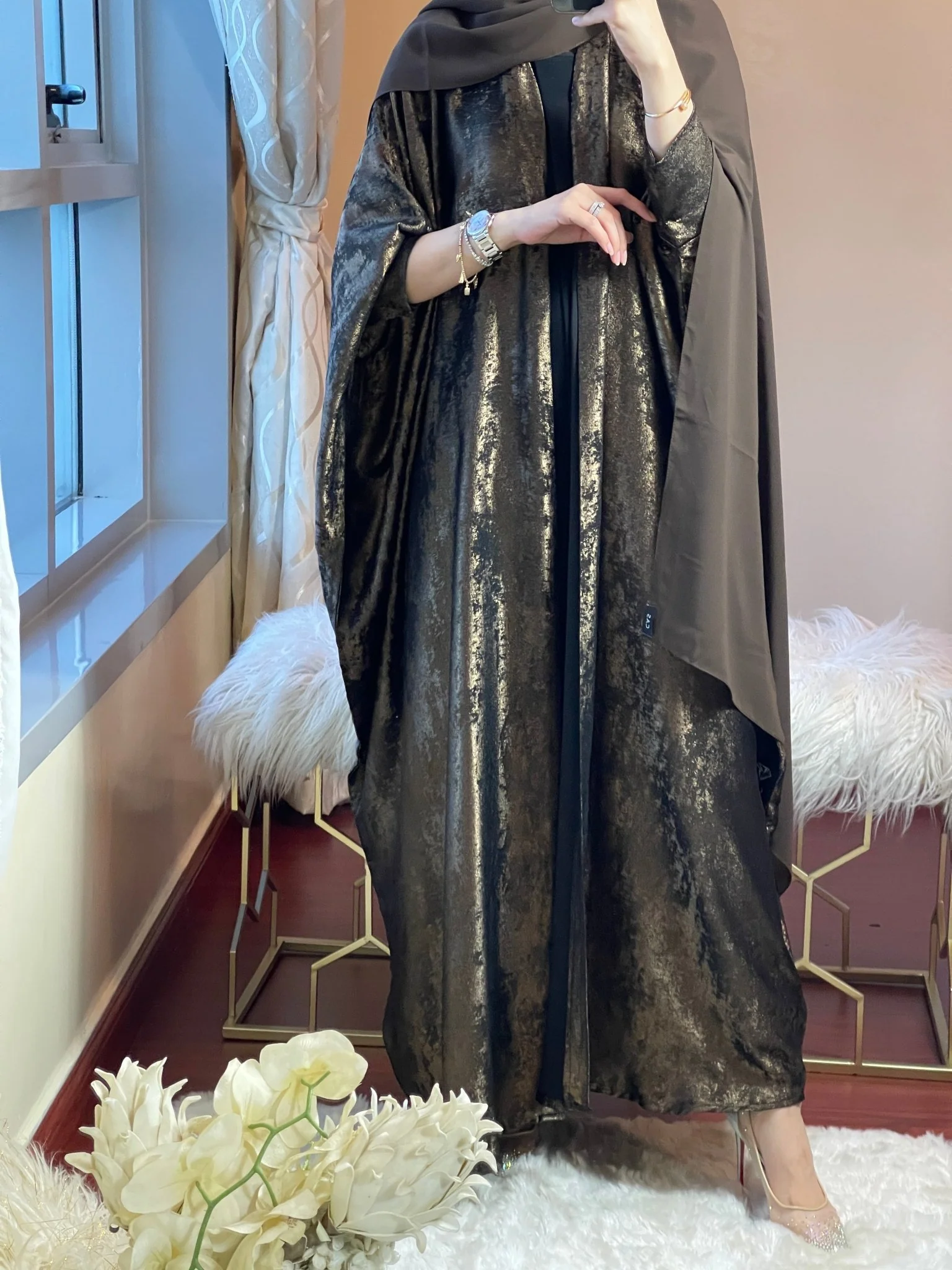 C-DarkBrown-Shimmer-Bisht-Abaya - Image 15