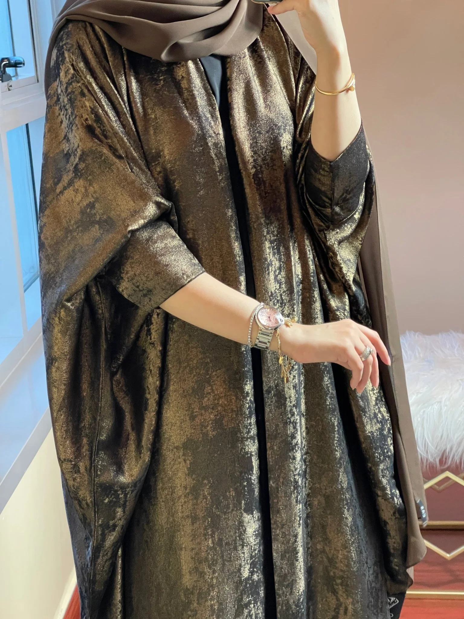 C-DarkBrown-Shimmer-Bisht-Abaya - Image 3