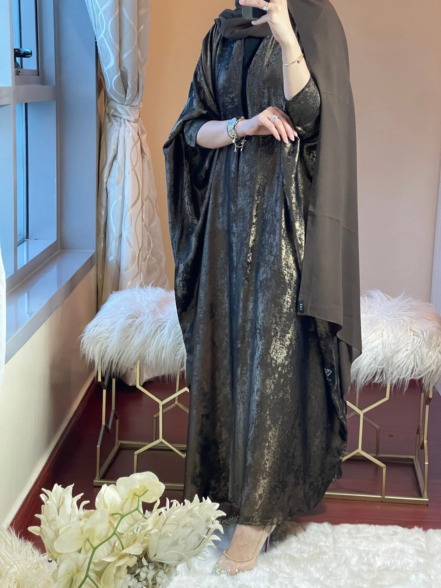 C-DarkBrown-Shimmer-Bisht-Abaya - Image 5