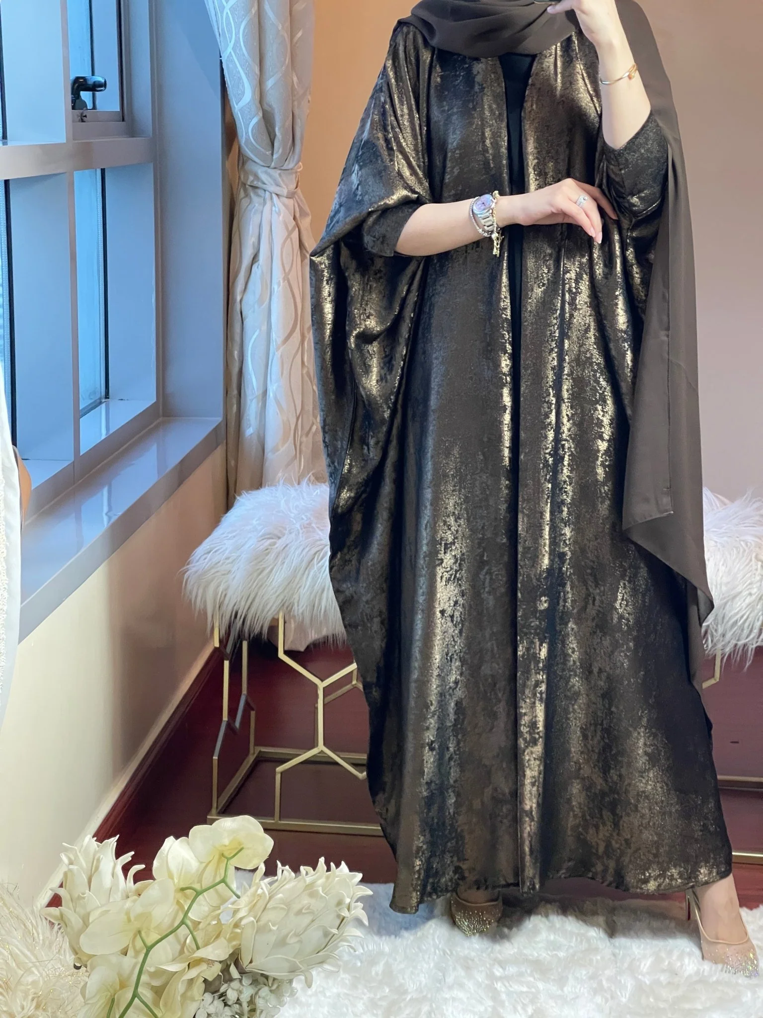 C-DarkBrown-Shimmer-Bisht-Abaya - Image 7