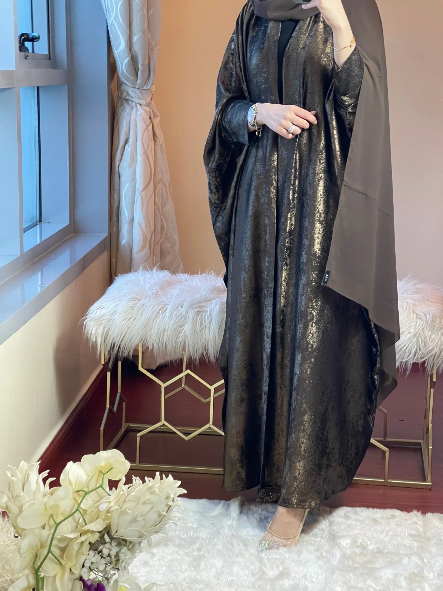 C-DarkBrown-Shimmer-Bisht-Abaya - Image 8