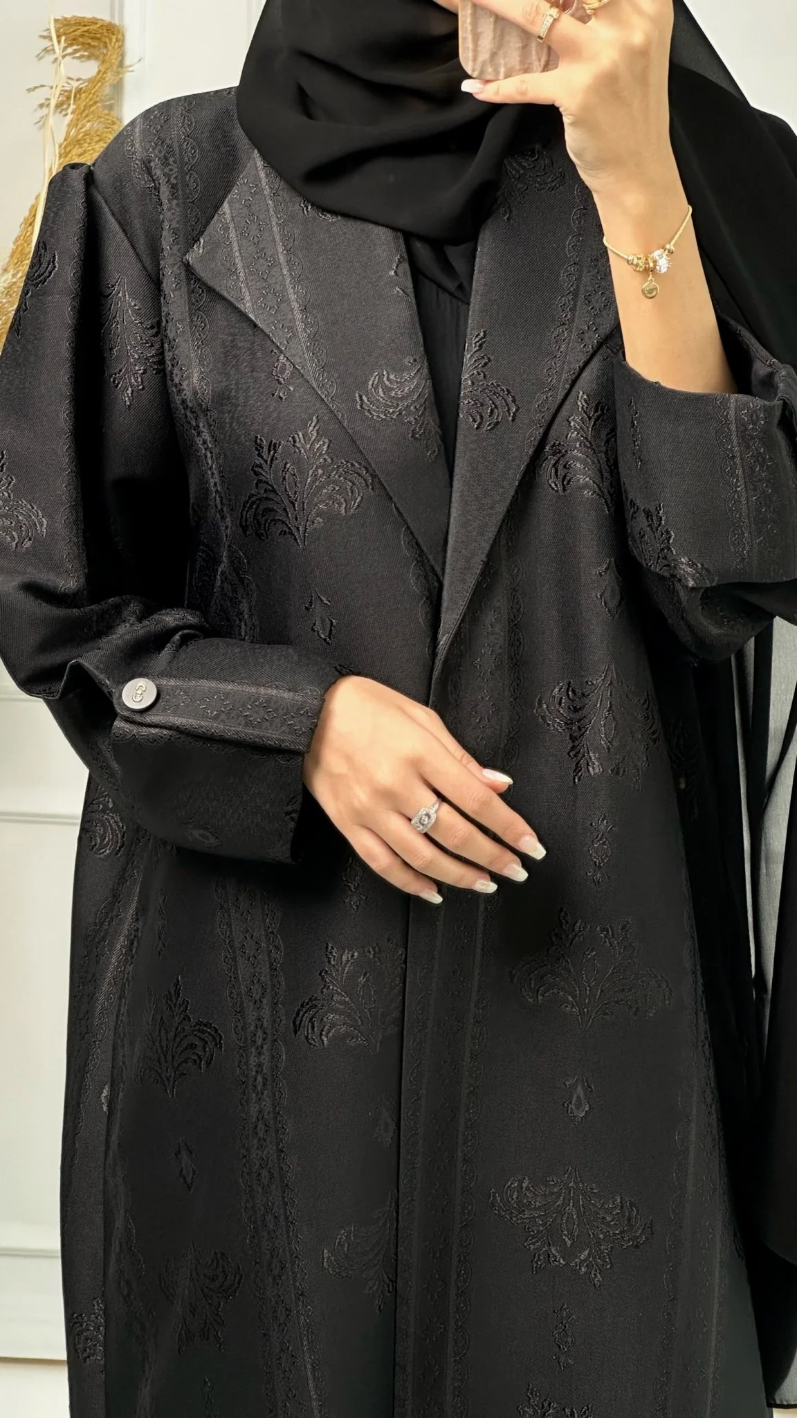 C Floral Print Jacquard Coat Abaya 02 - Image 3