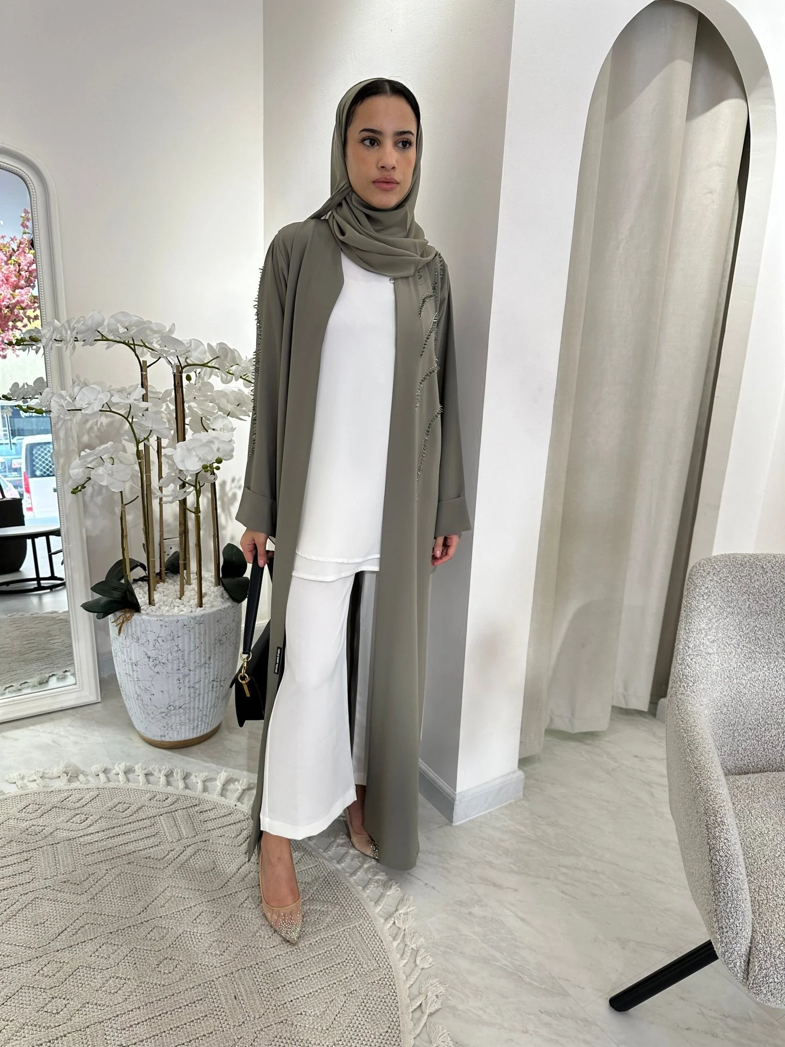 C Green Beaded Eid Abaya - Image 4