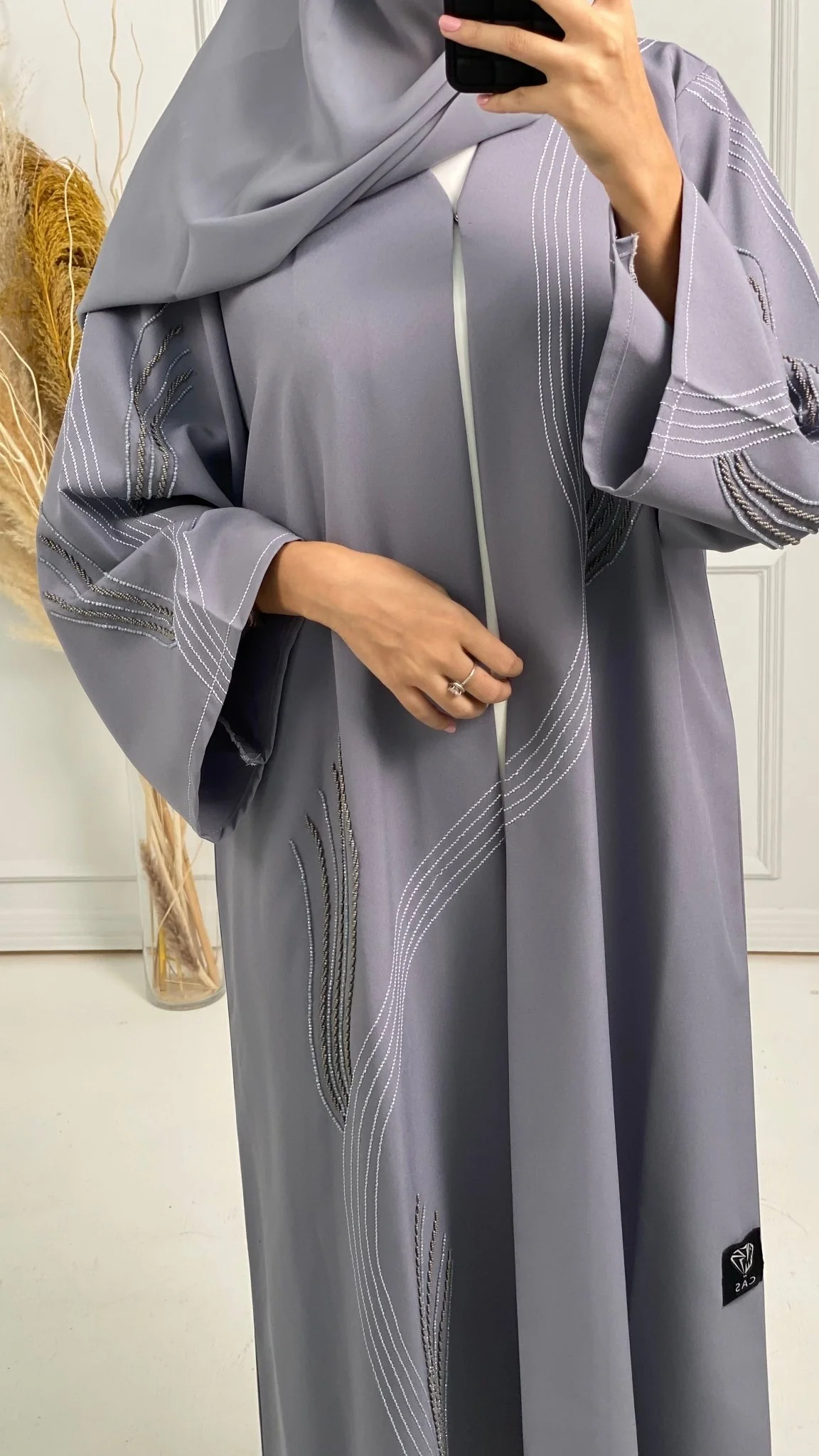 C Grey Crepe Embroidery Abaya - Image 11