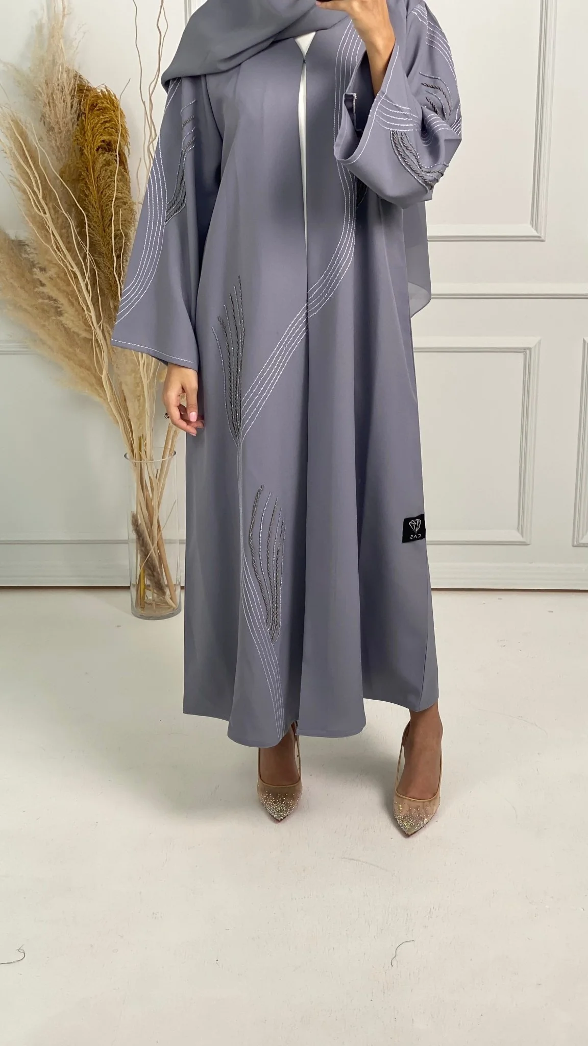 C Grey Crepe Embroidery Abaya - Image 4