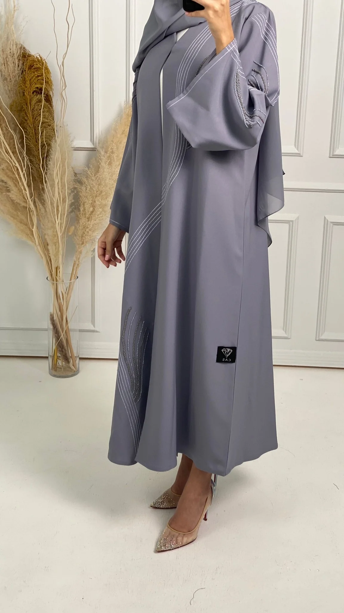 C Grey Crepe Embroidery Abaya - Image 7