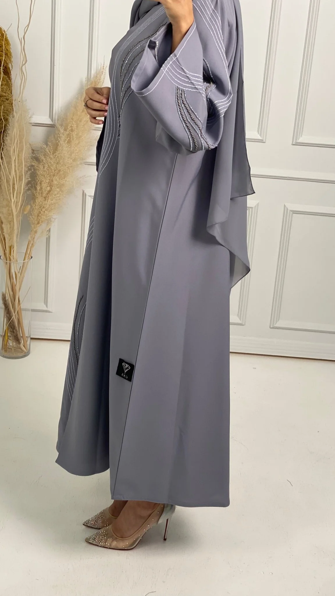 C Grey Crepe Embroidery Abaya - Image 9