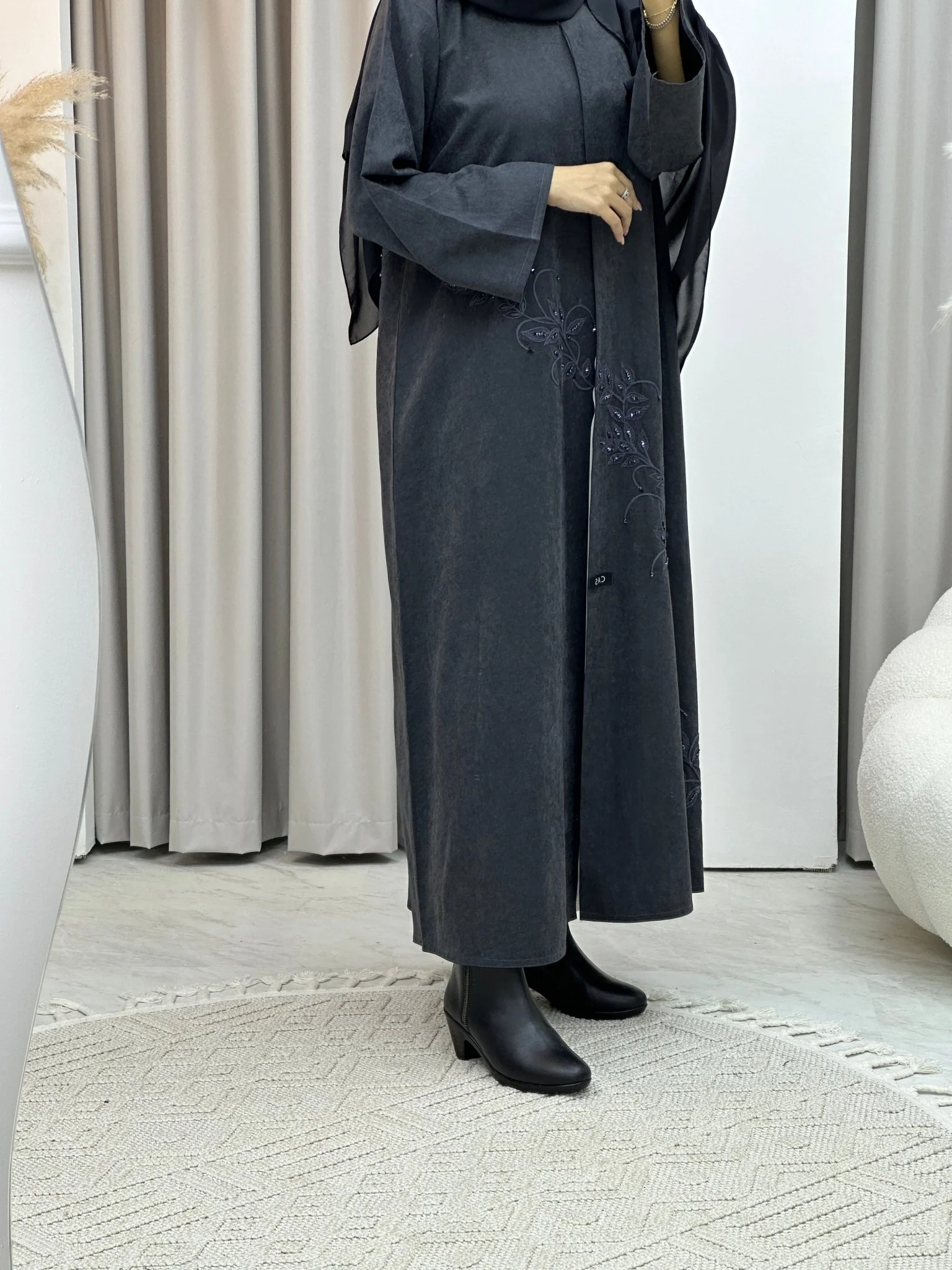 C Grey Embroidery Suede Abaya - Image 4