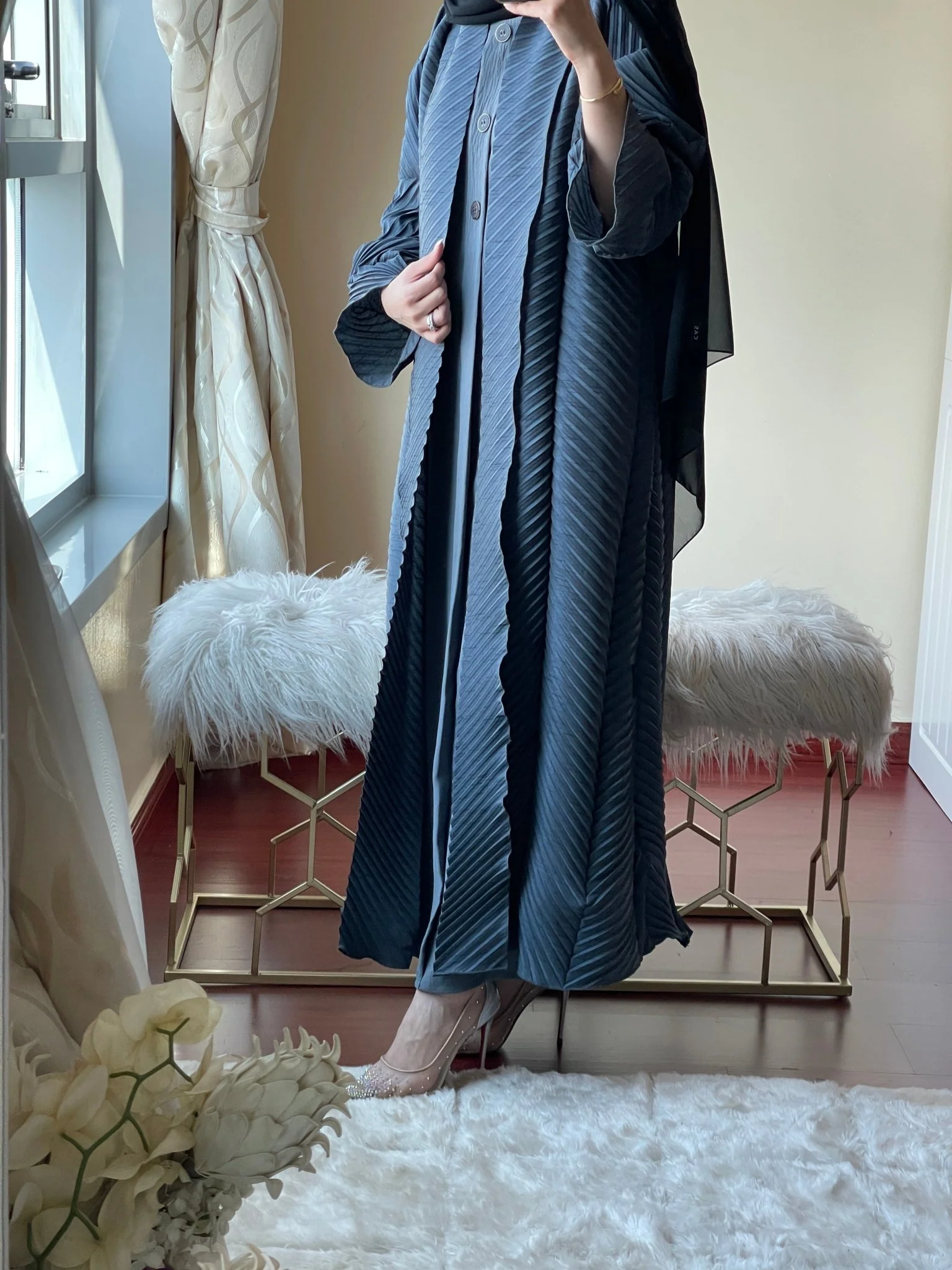 C-Grey-Pleated-Abaya-57 - Image 3