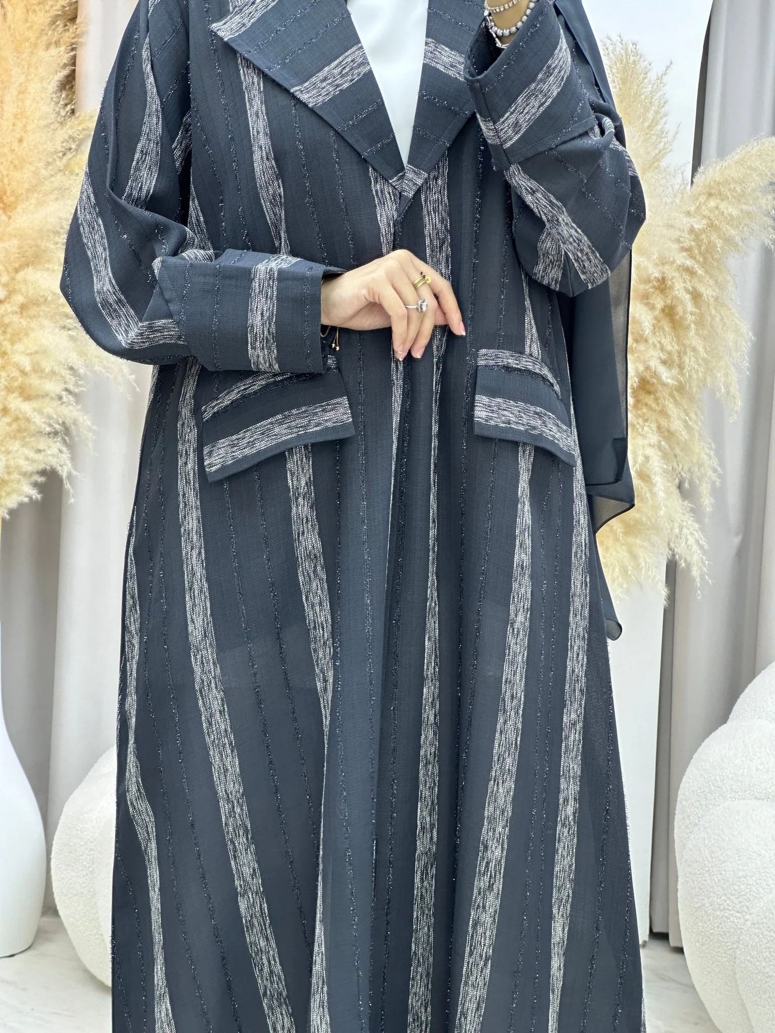 C 0002-03 Grey Striped Coat Eid Abaya - Image 2