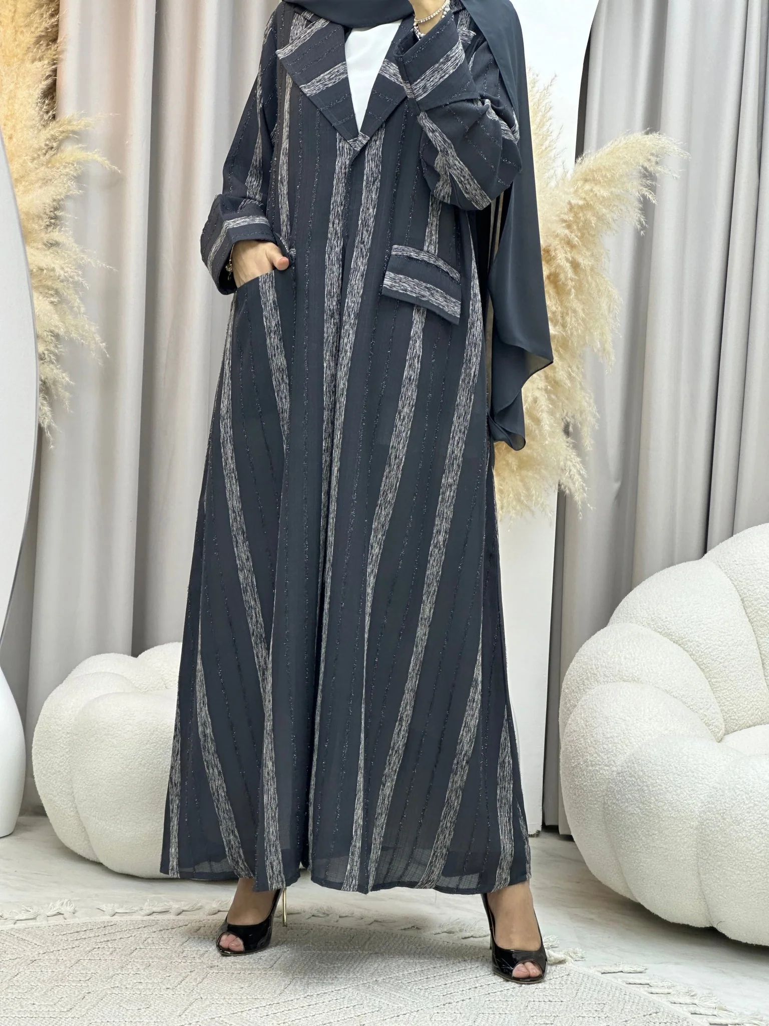 C 0002-03 Grey Striped Coat Eid Abaya - Image 4