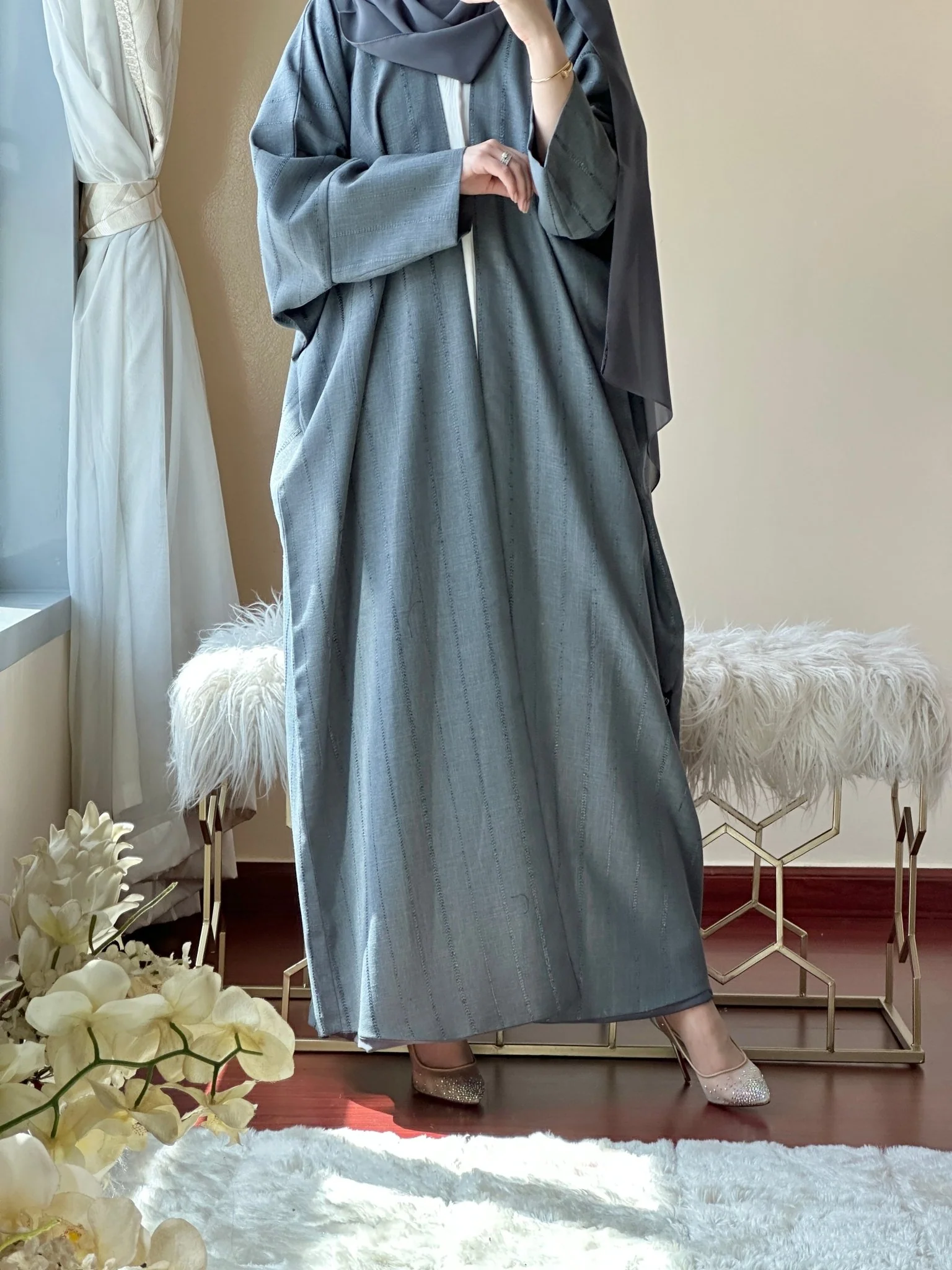 C-Grey-Summer-Linen-Bisht-Abaya - Image 5