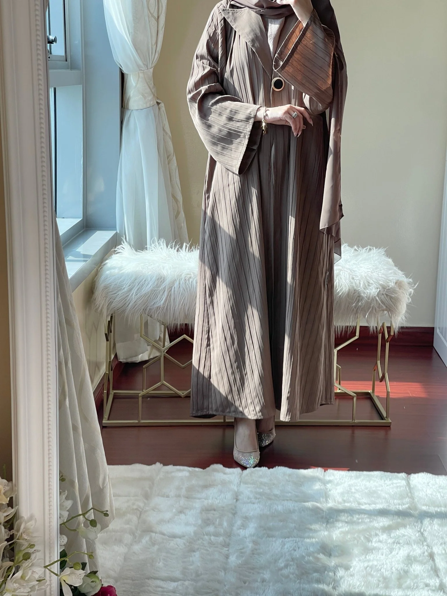 C-LightBrown-Striped-Coat-Abaya - Image 2