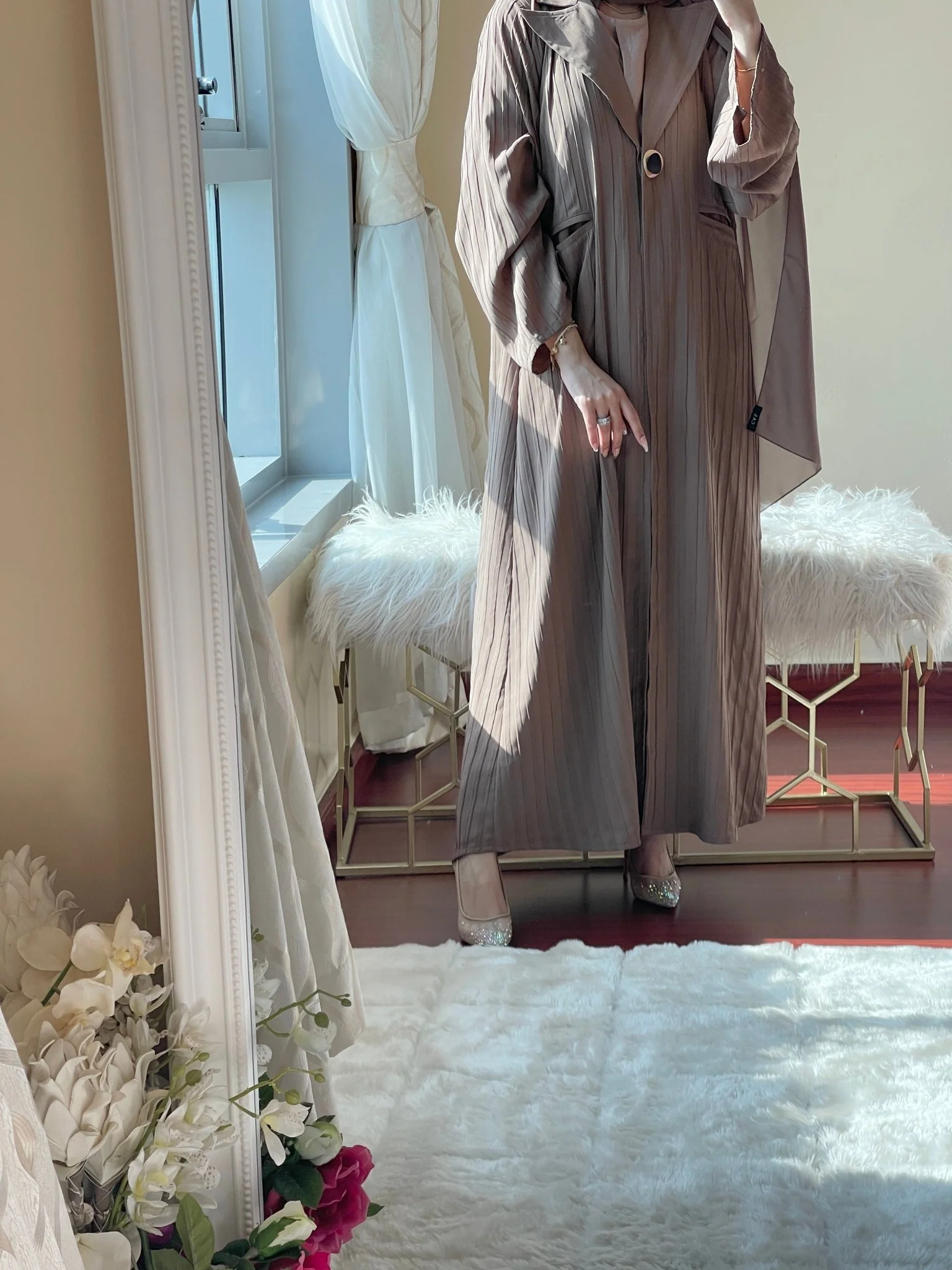 C-LightBrown-Striped-Coat-Abaya - Image 4