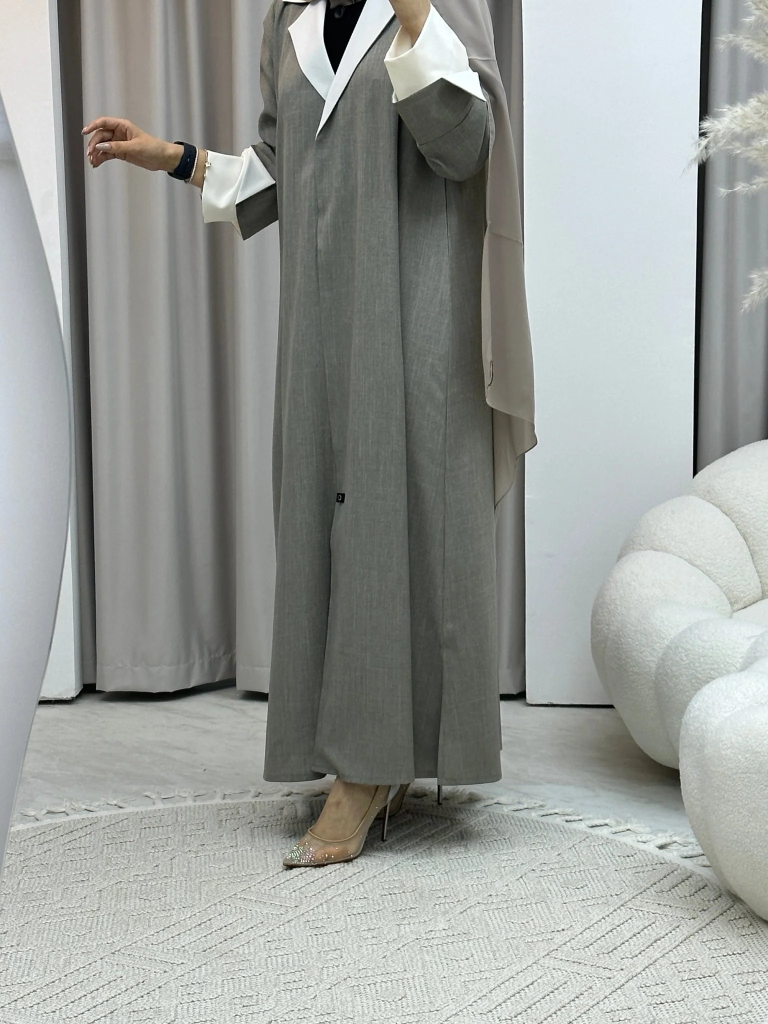 C Linen Beige Winter Coat Abaya - Image 6