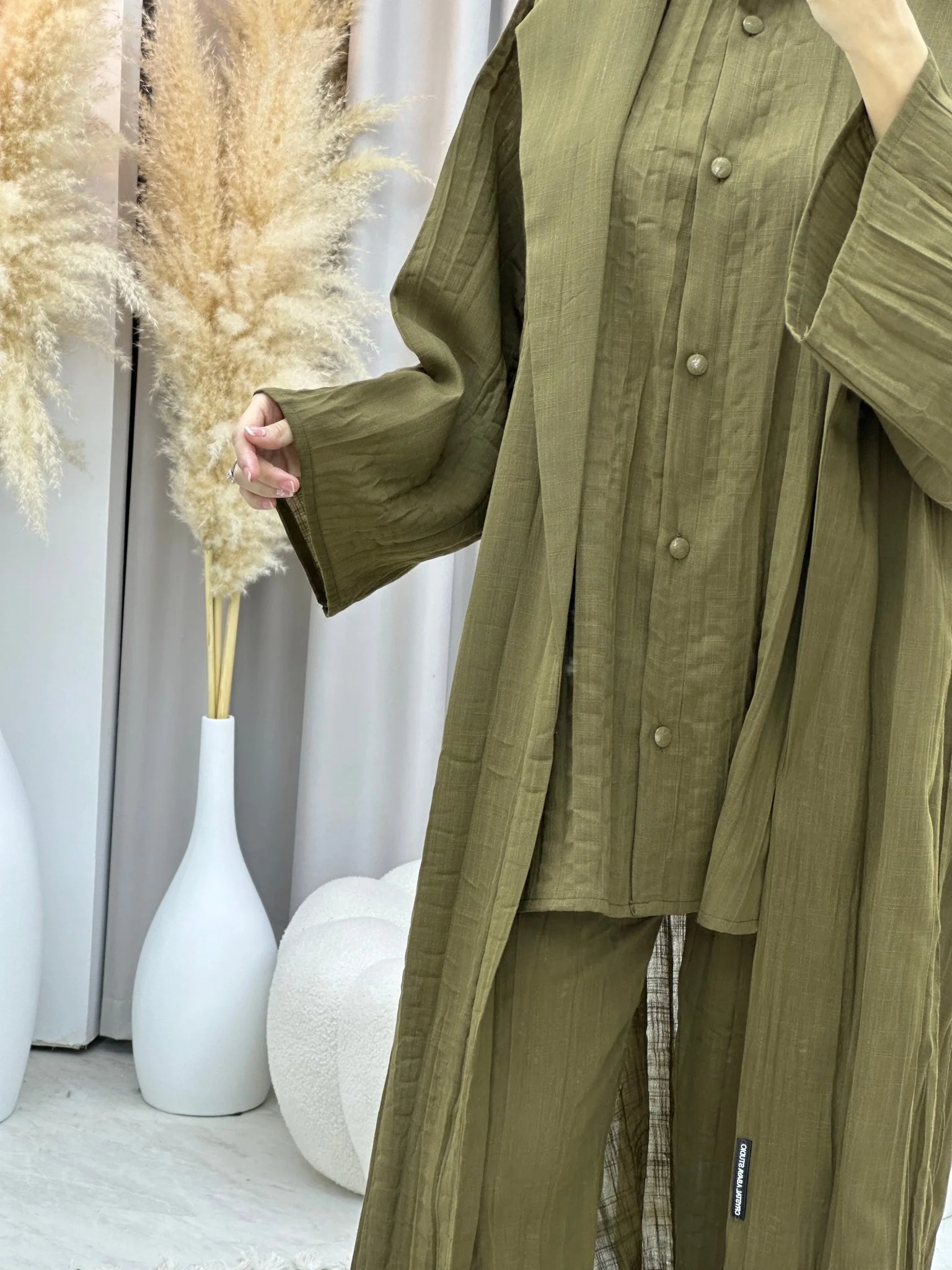 C 0008-03 Olive Green Summer Pleated Linen Travel Set - Image 10