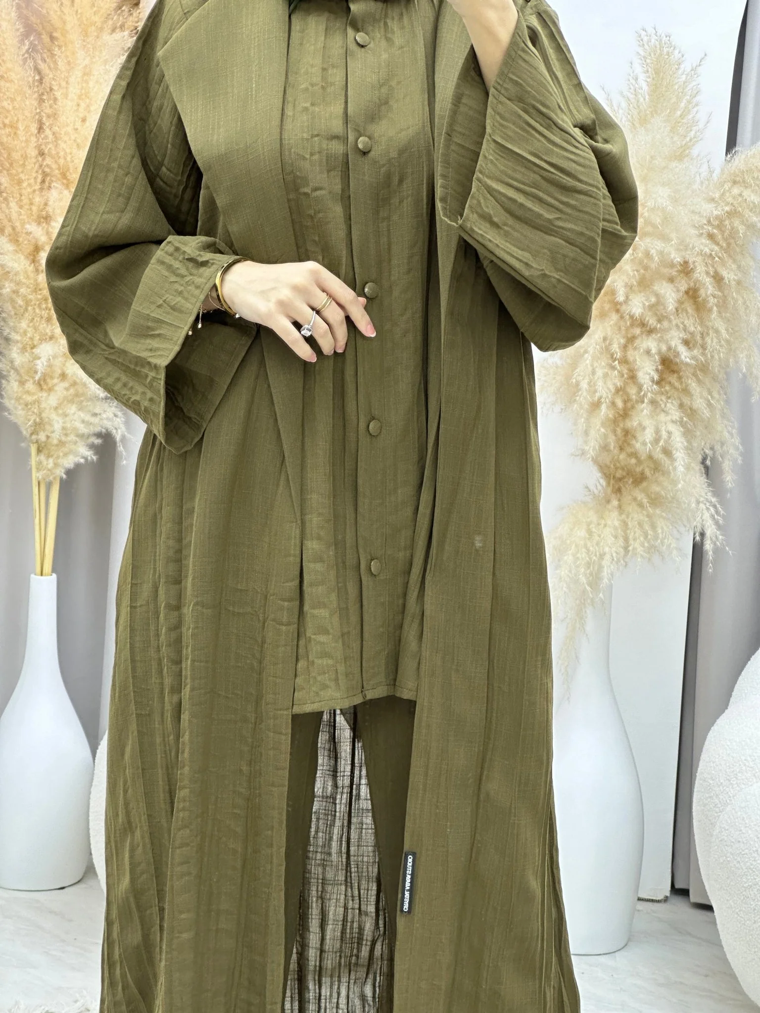 C 0008-03 Olive Green Summer Pleated Linen Travel Set - Image 4