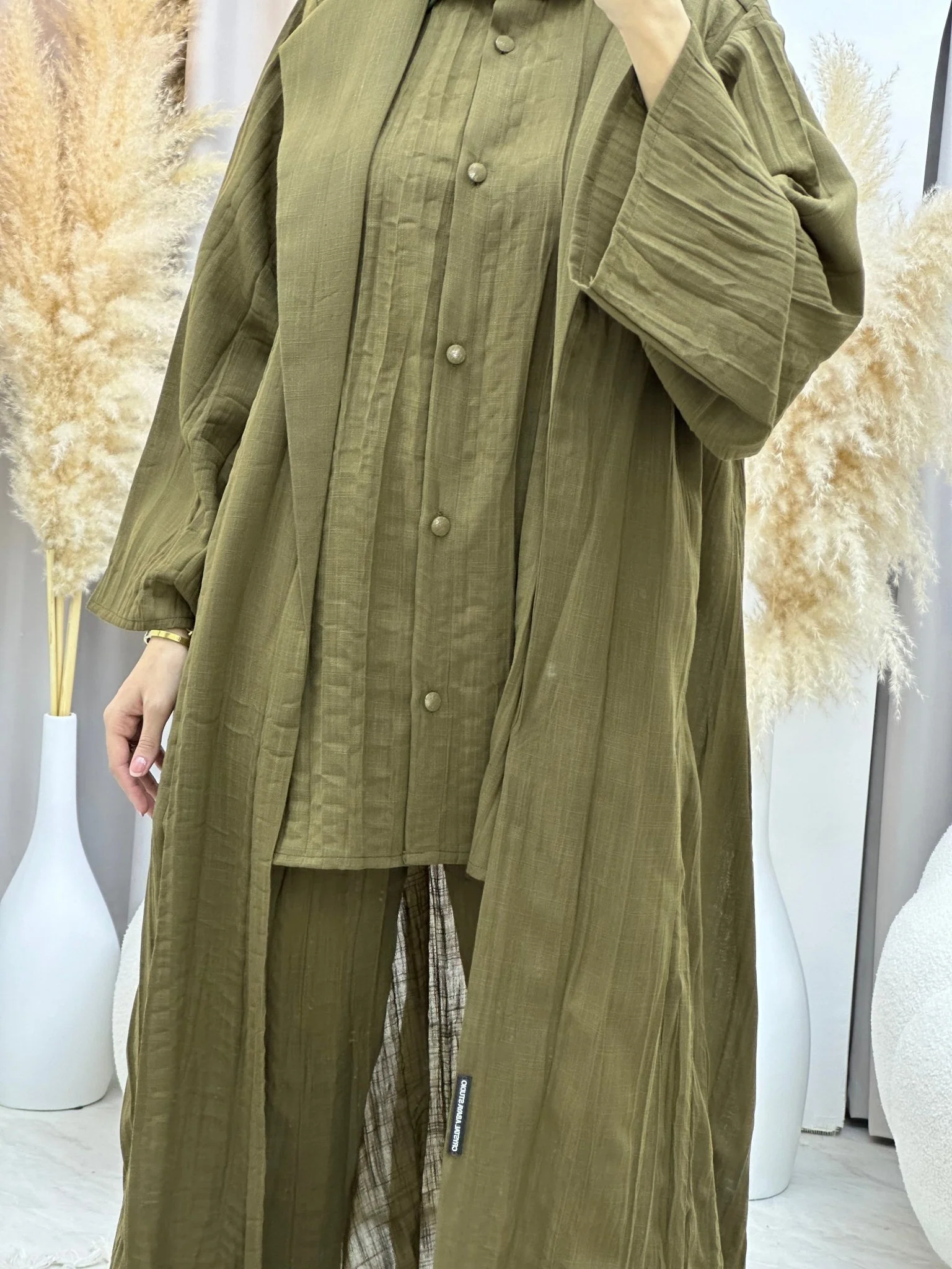 C 0008-03 Olive Green Summer Pleated Linen Travel Set - Image 5