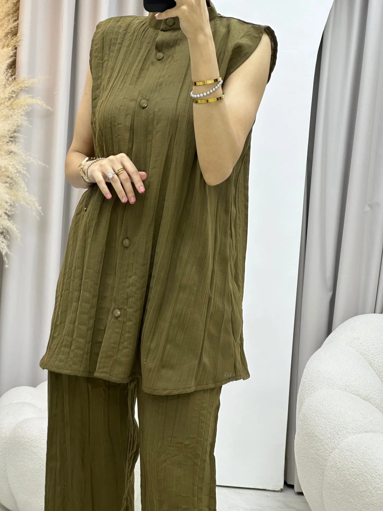 C 0008-03 Olive Green Summer Pleated Linen Travel Set - Image 7
