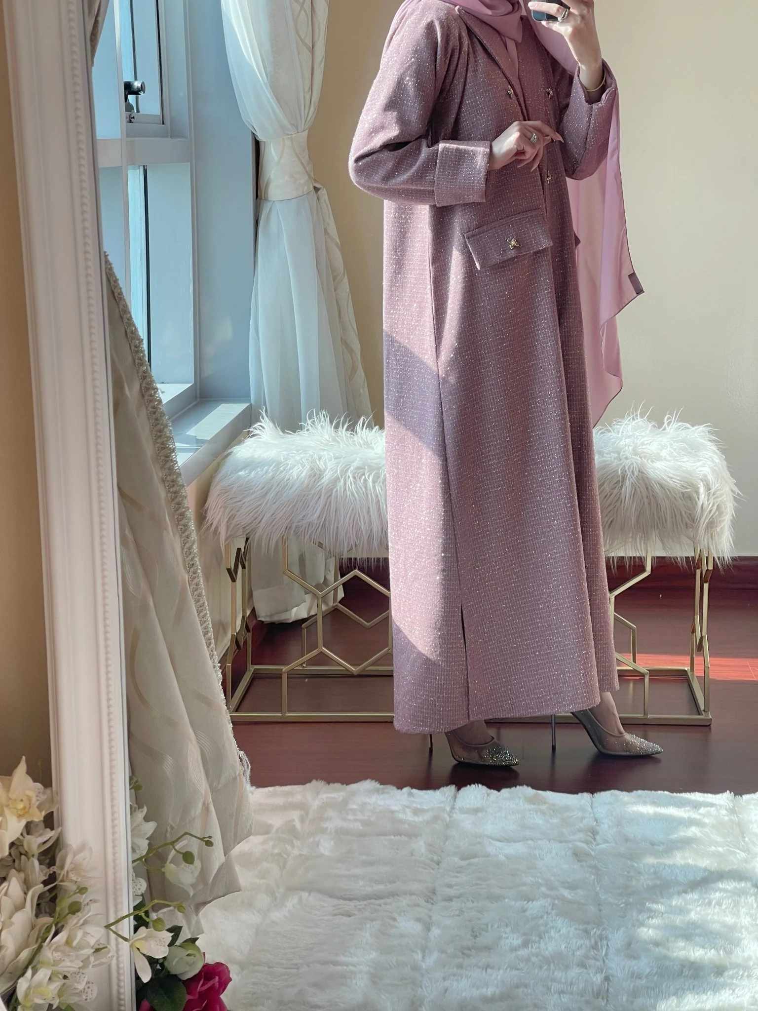 C-Pink-Gold-Tweed-Abaya - Image 6