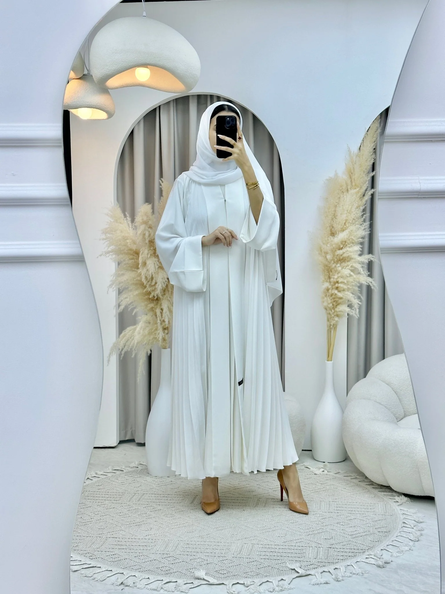 C Plain White Pleated Abaya - Image 7