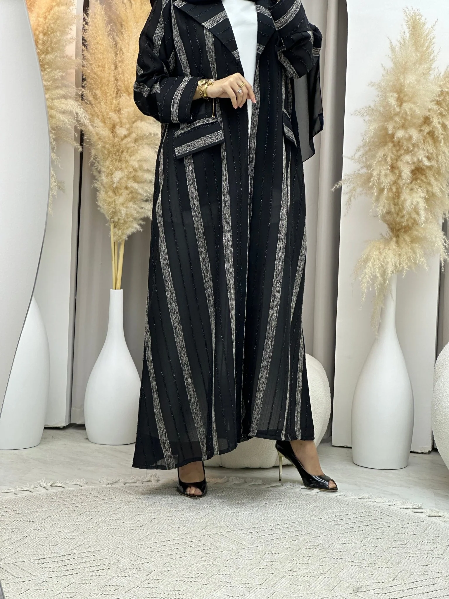 C 0002-01 Black Striped Coat Eid Abaya - Image 6