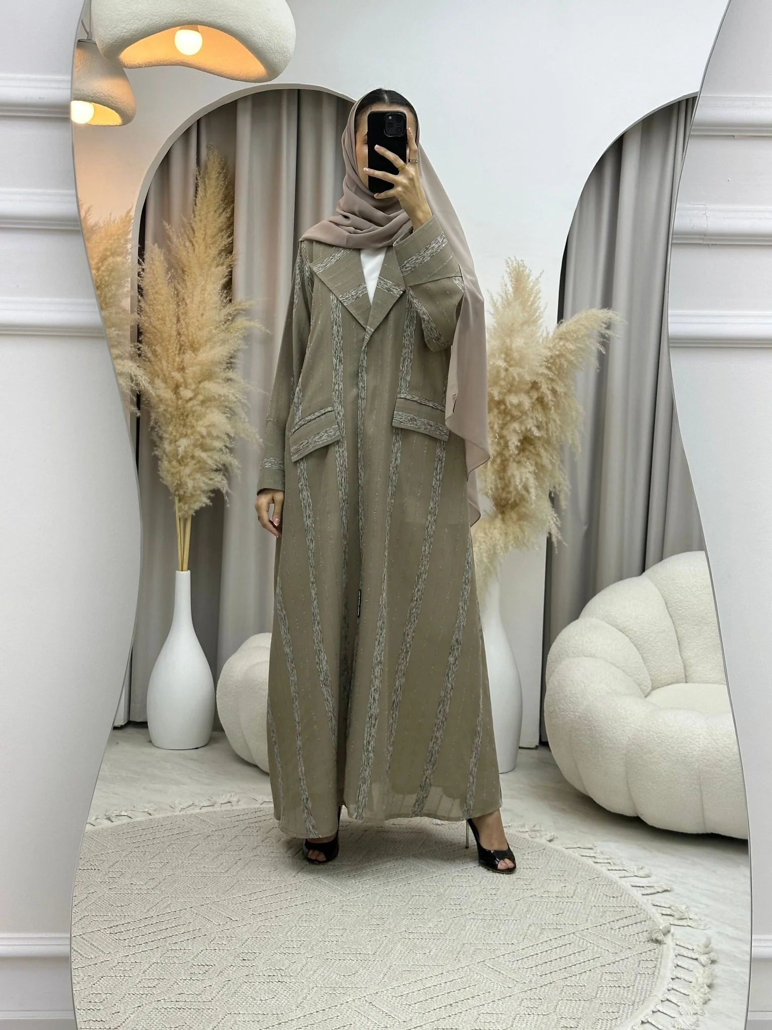 C RTW 0002-05 Beige Striped Coat Eid Abaya - Image 9