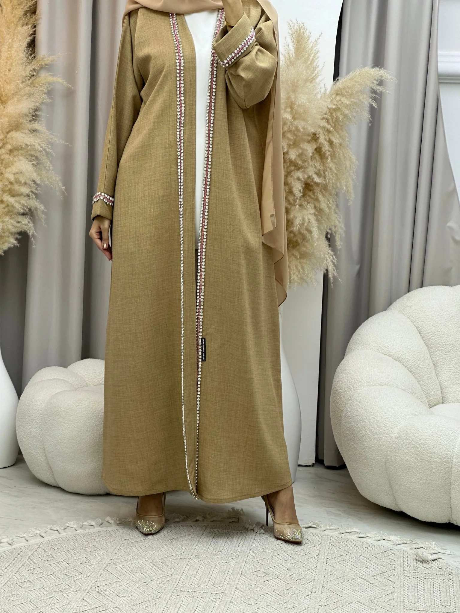 C 0010 Crystal Bisht Beige Eid Abaya - Image 3