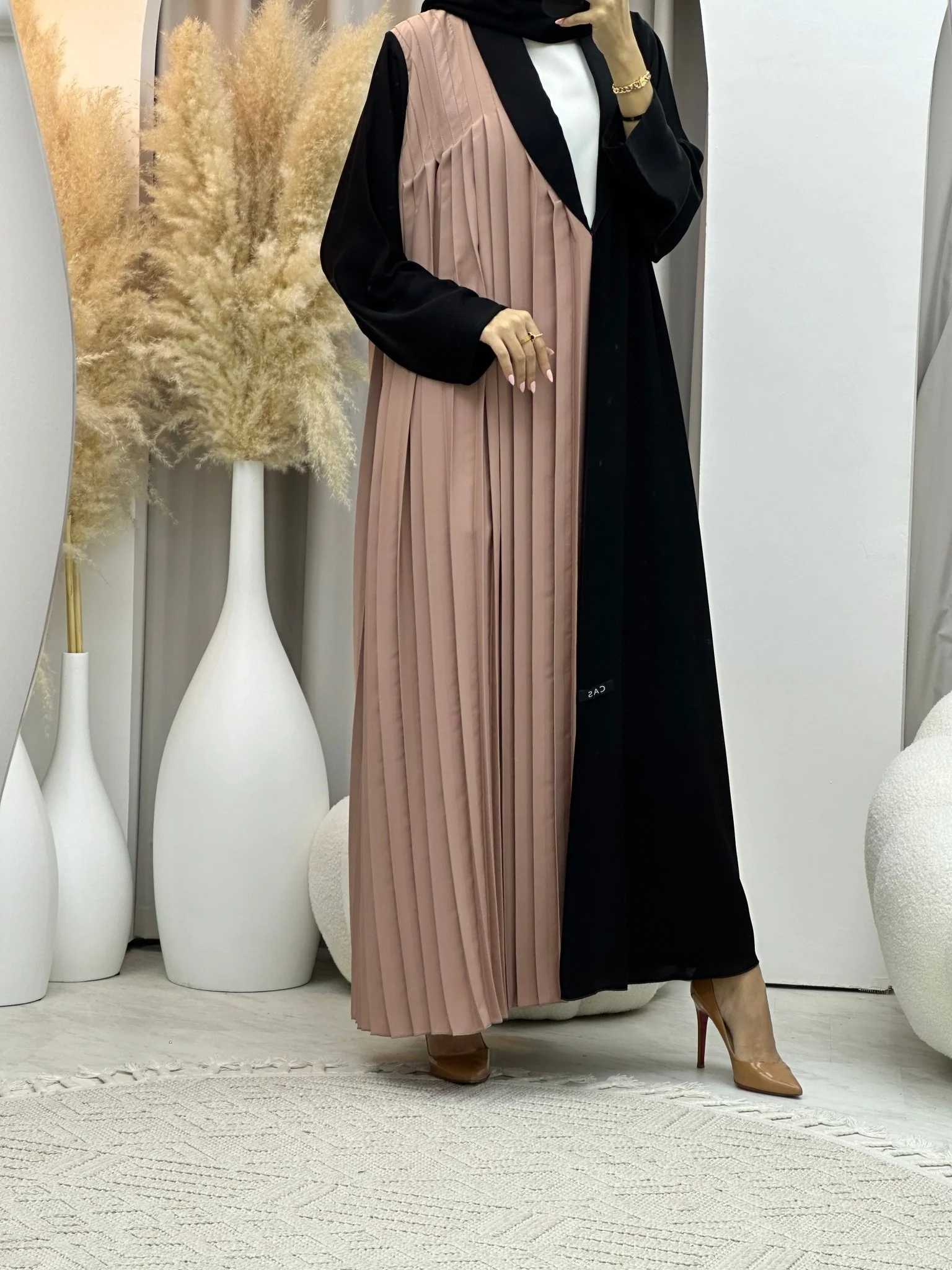 C RTW 0072 Beige Black Pleated Abaya - Image 10