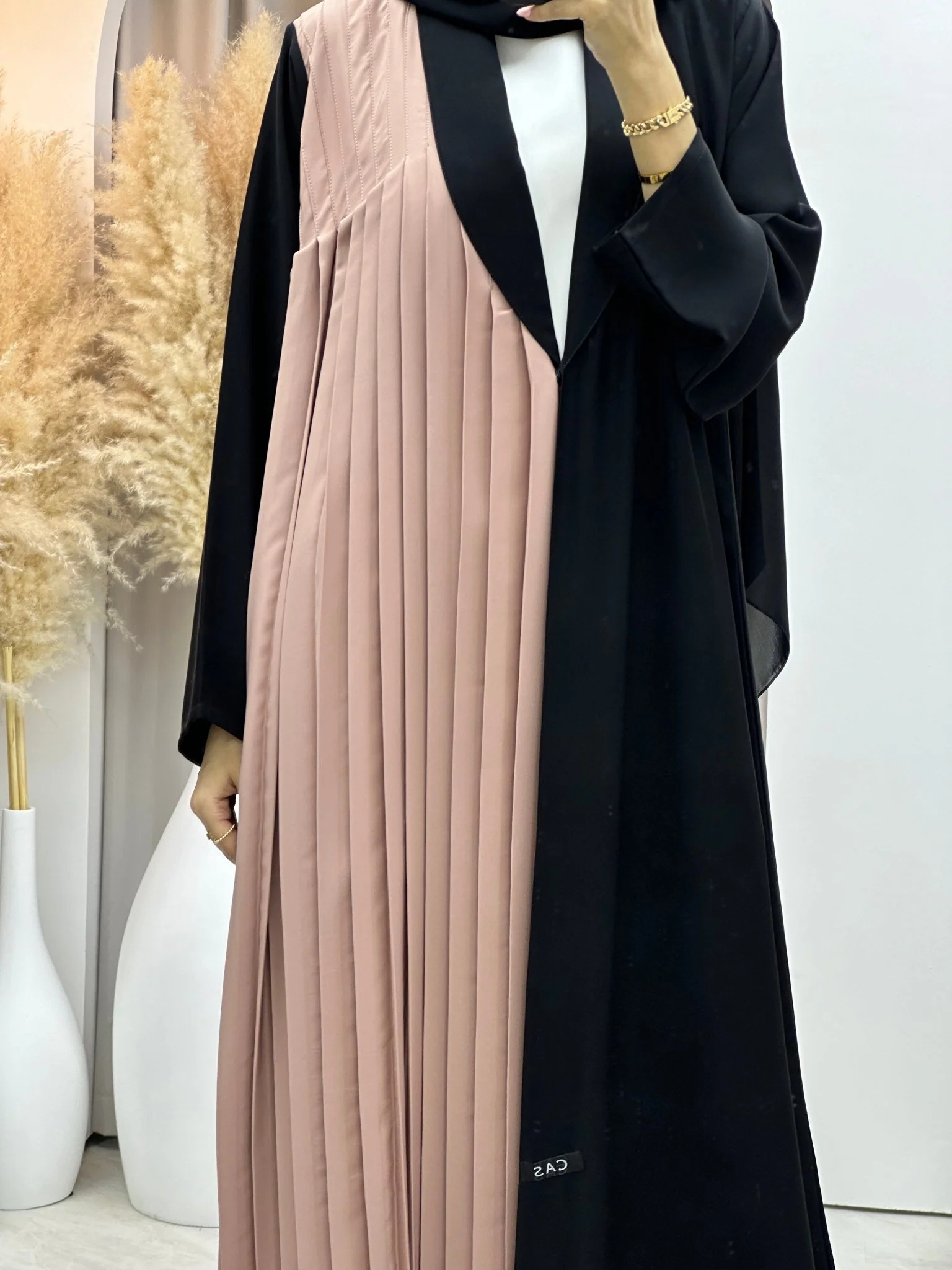 C RTW 0072 Beige Black Pleated Abaya - Image 11