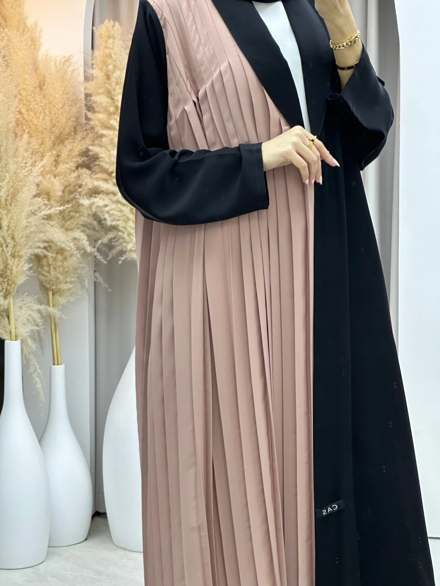 C RTW 0072 Beige Black Pleated Abaya - Image 2
