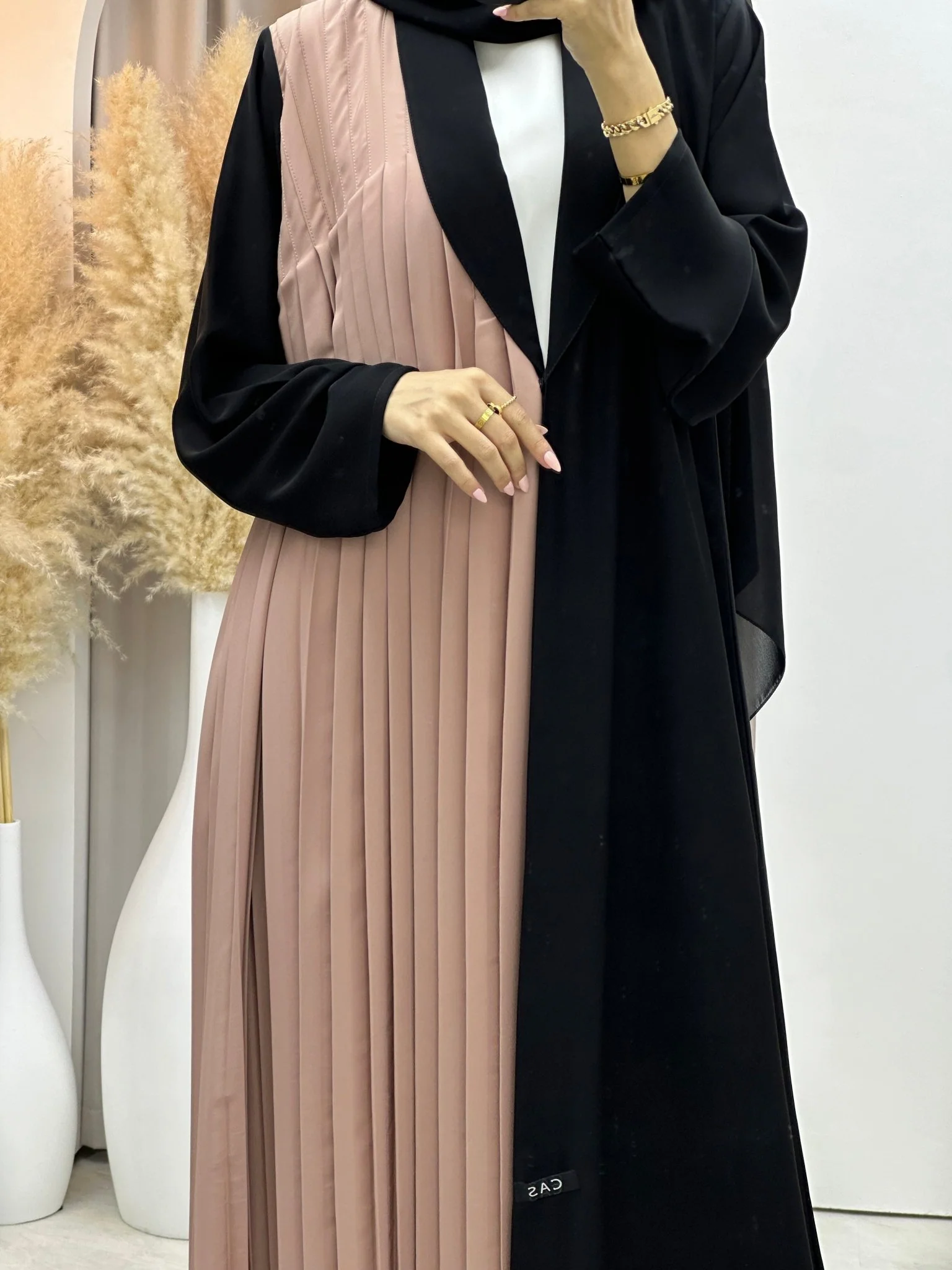 C RTW 0072 Beige Black Pleated Abaya - Image 8