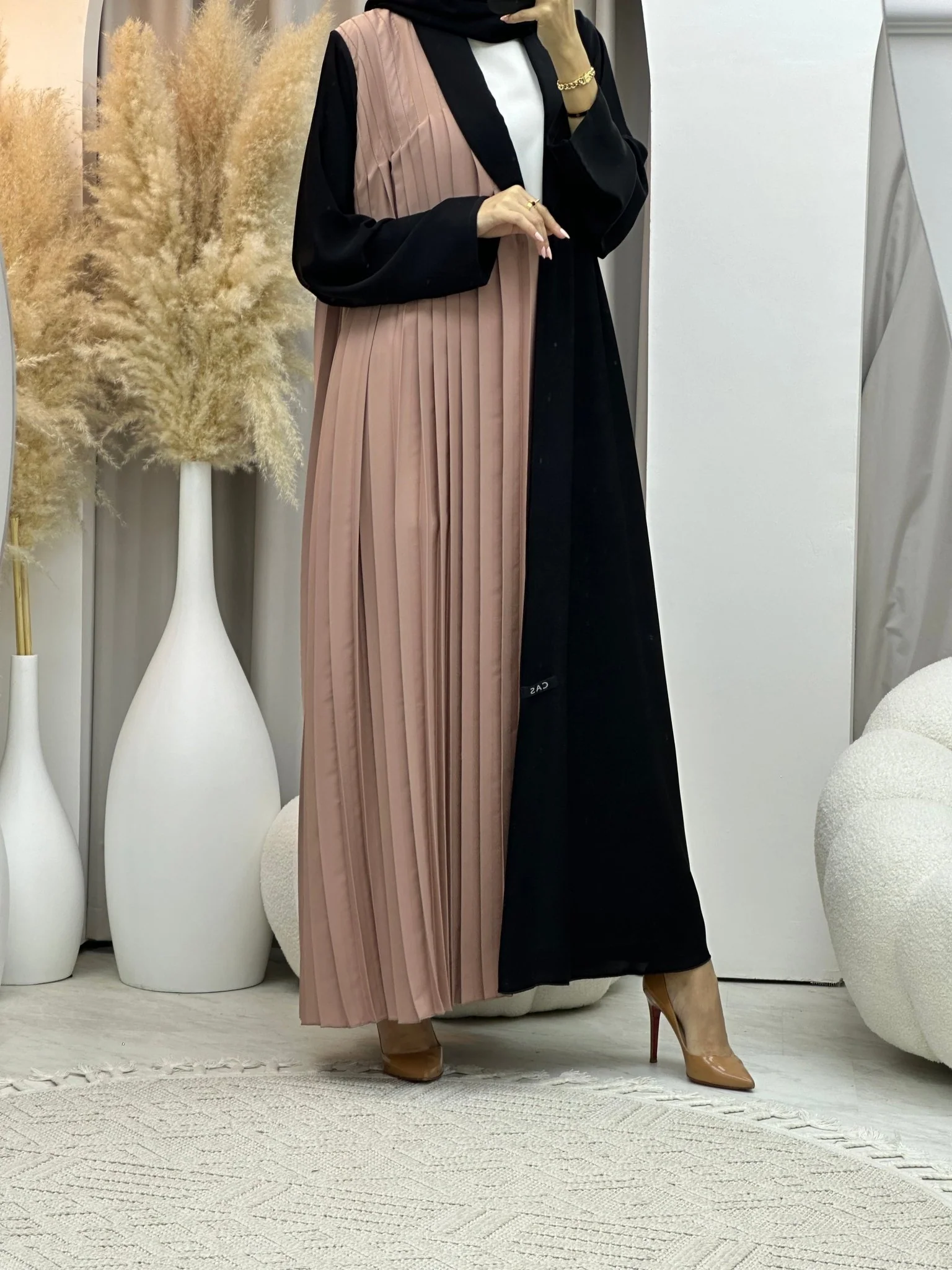 C RTW 0072 Beige Black Pleated Abaya - Image 9