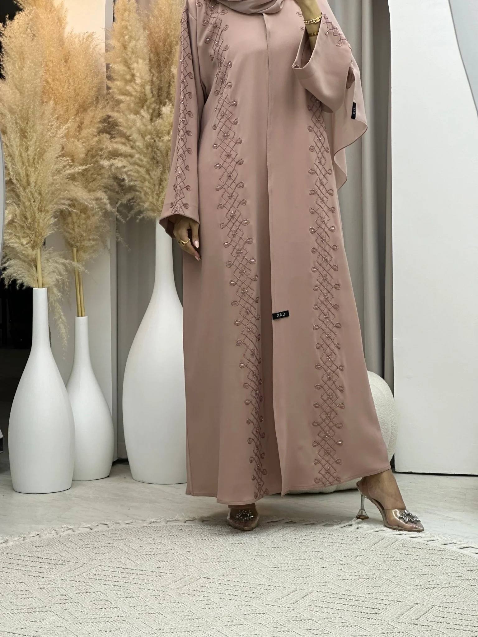 C RTW 0074 Pink Embroidery Abaya - Image 4