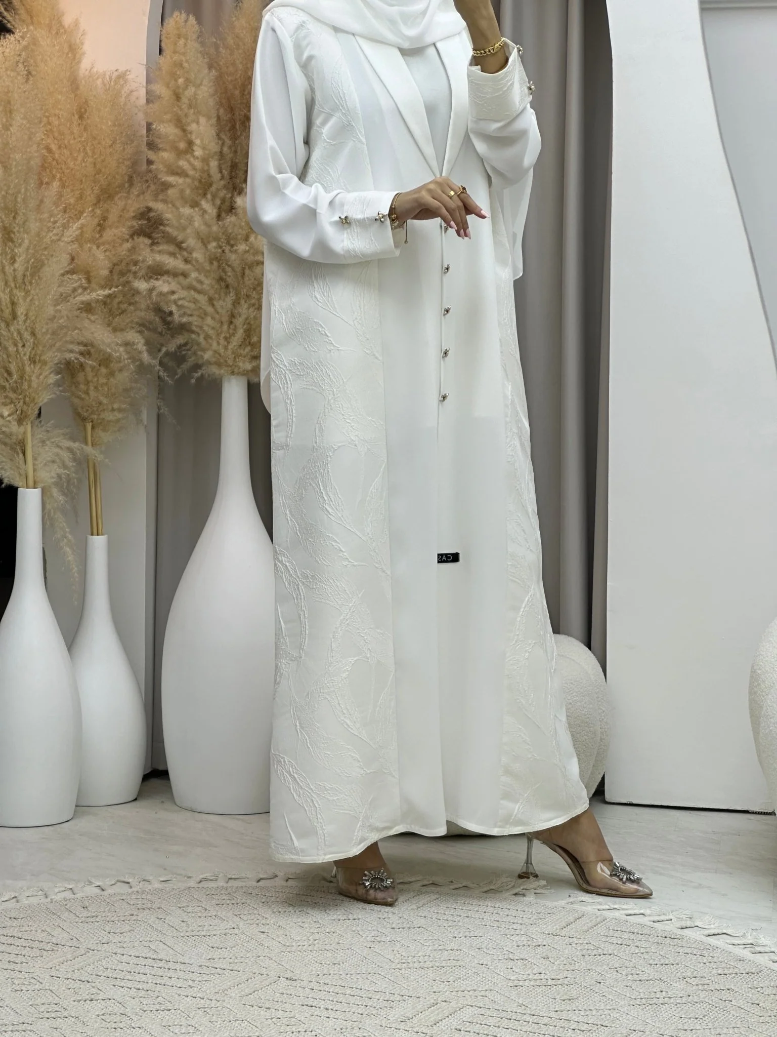 C RTW 0076 White Jacquard Abaya - Image 6