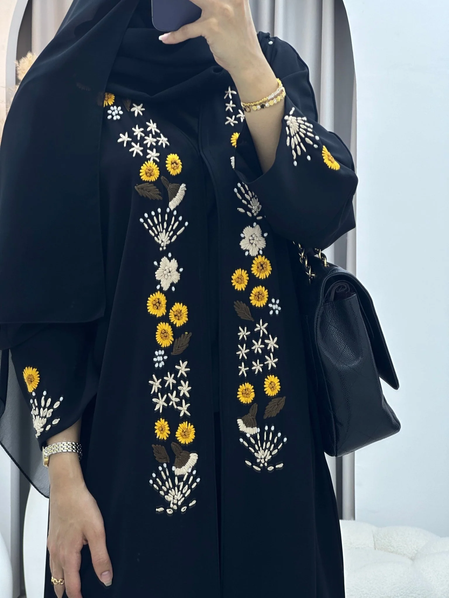 C RTW 0089 Black Sunflower Bisht Abaya - Image 3