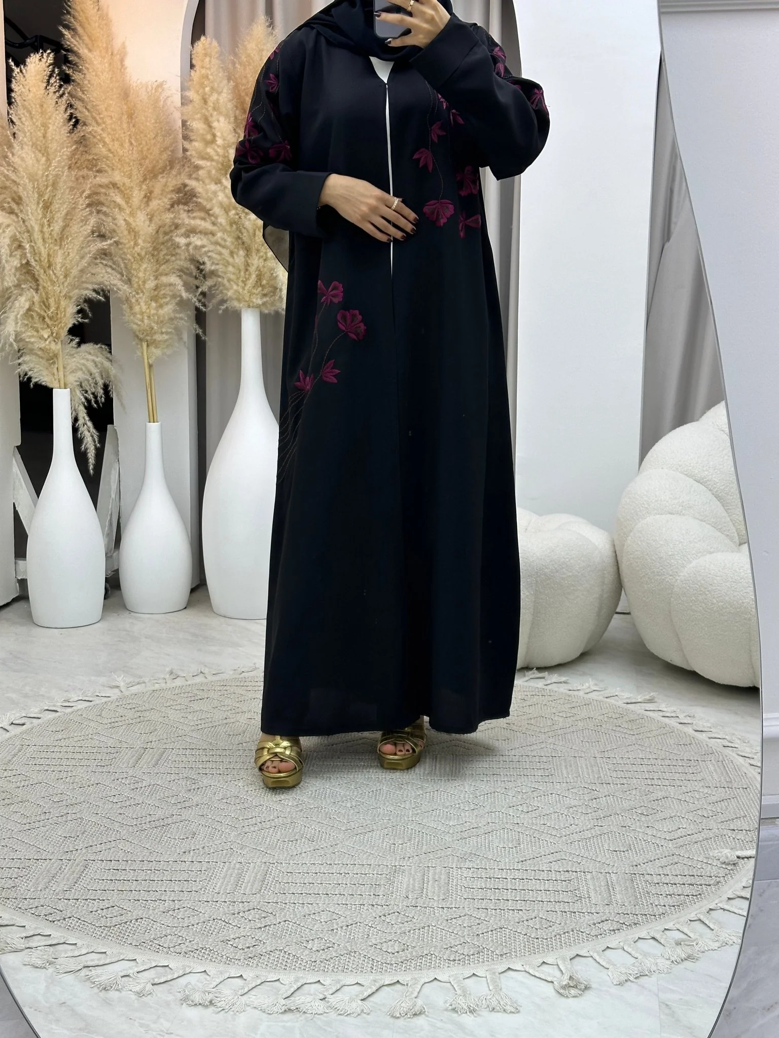C 0108 Black Floral Embroidery Abaya - Image 6