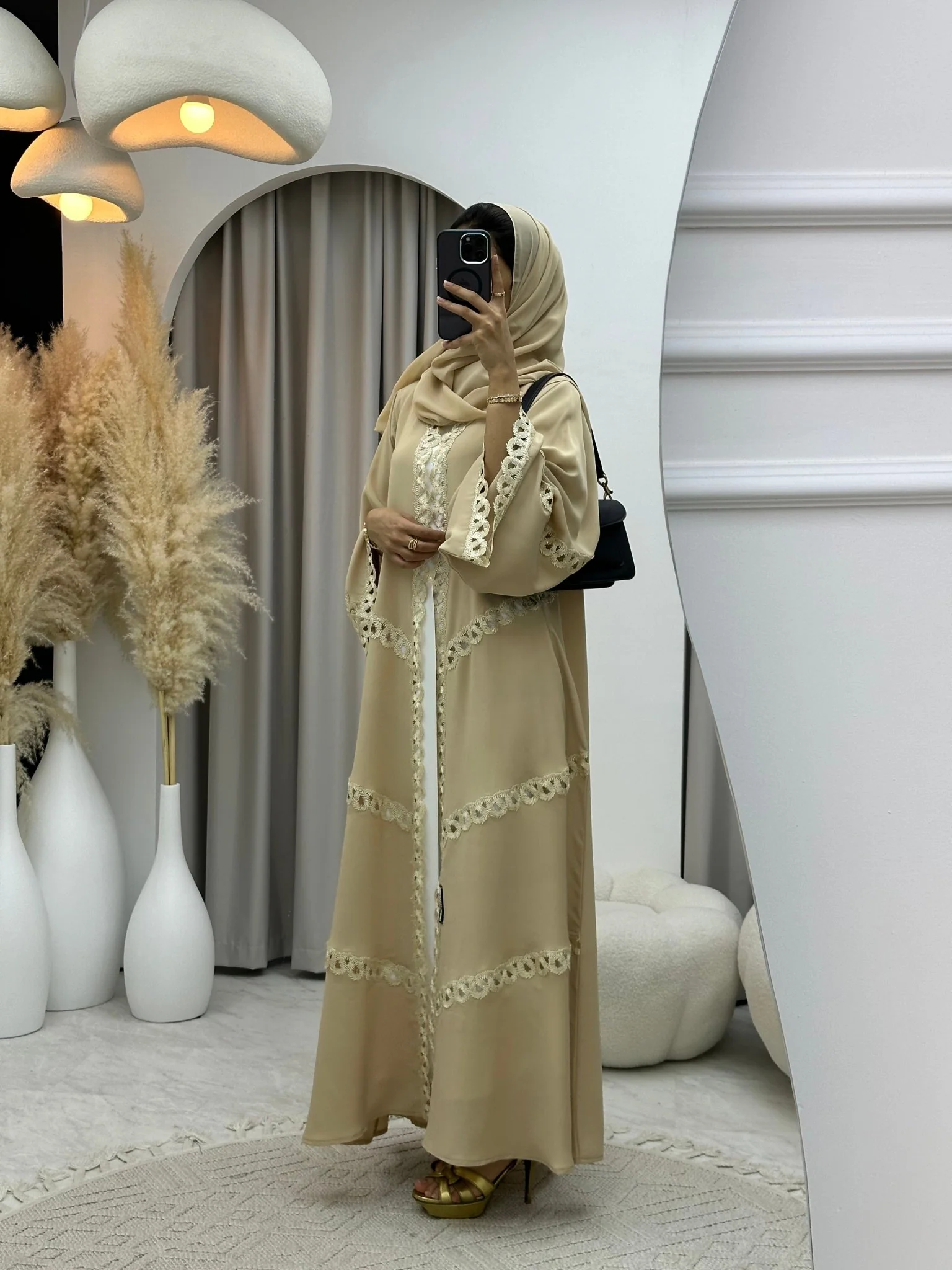 C 0195 Cream Lace Abaya - Image 5