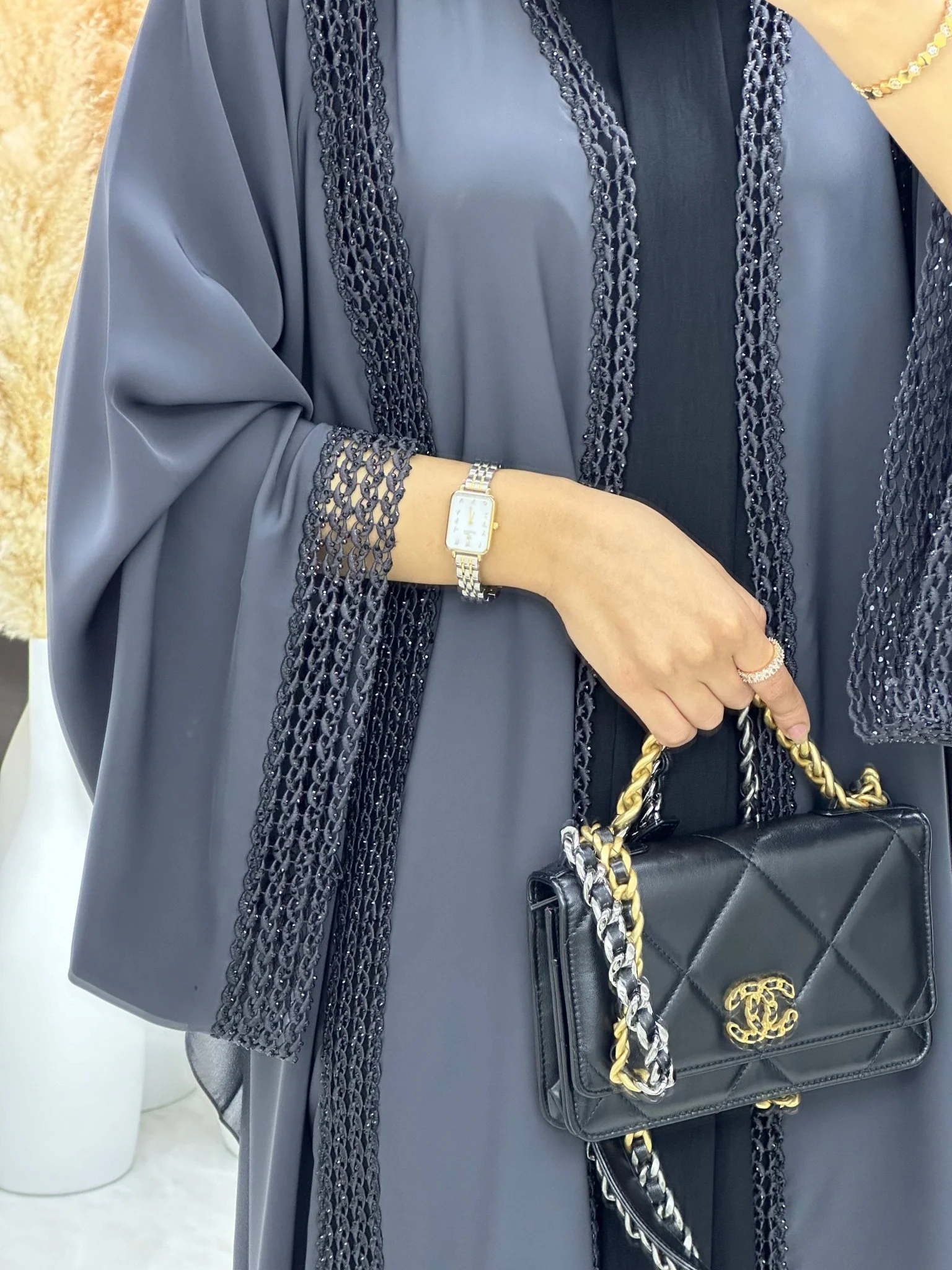 C 0220 Dark Grey Lace Abaya - Image 2