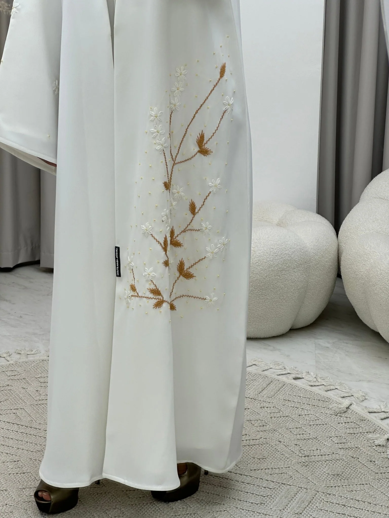 C 0232 White Embroidered Coat Abaya - Image 5