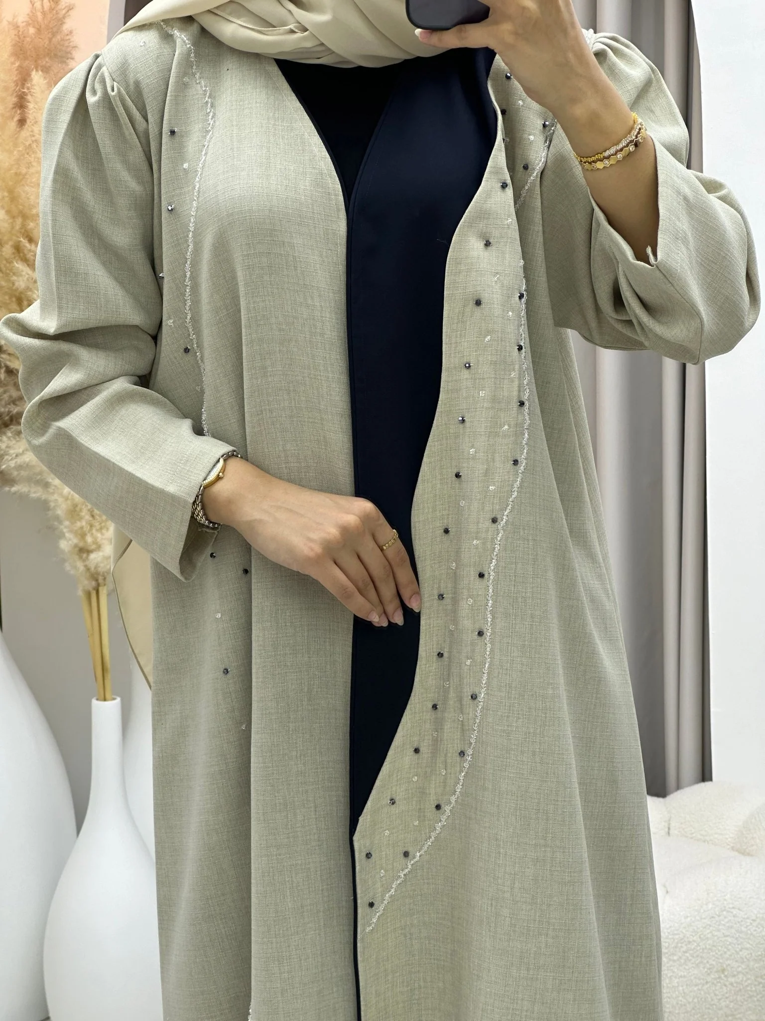 C 0267 Beaded Navy Blue Beige Abaya - Image 2