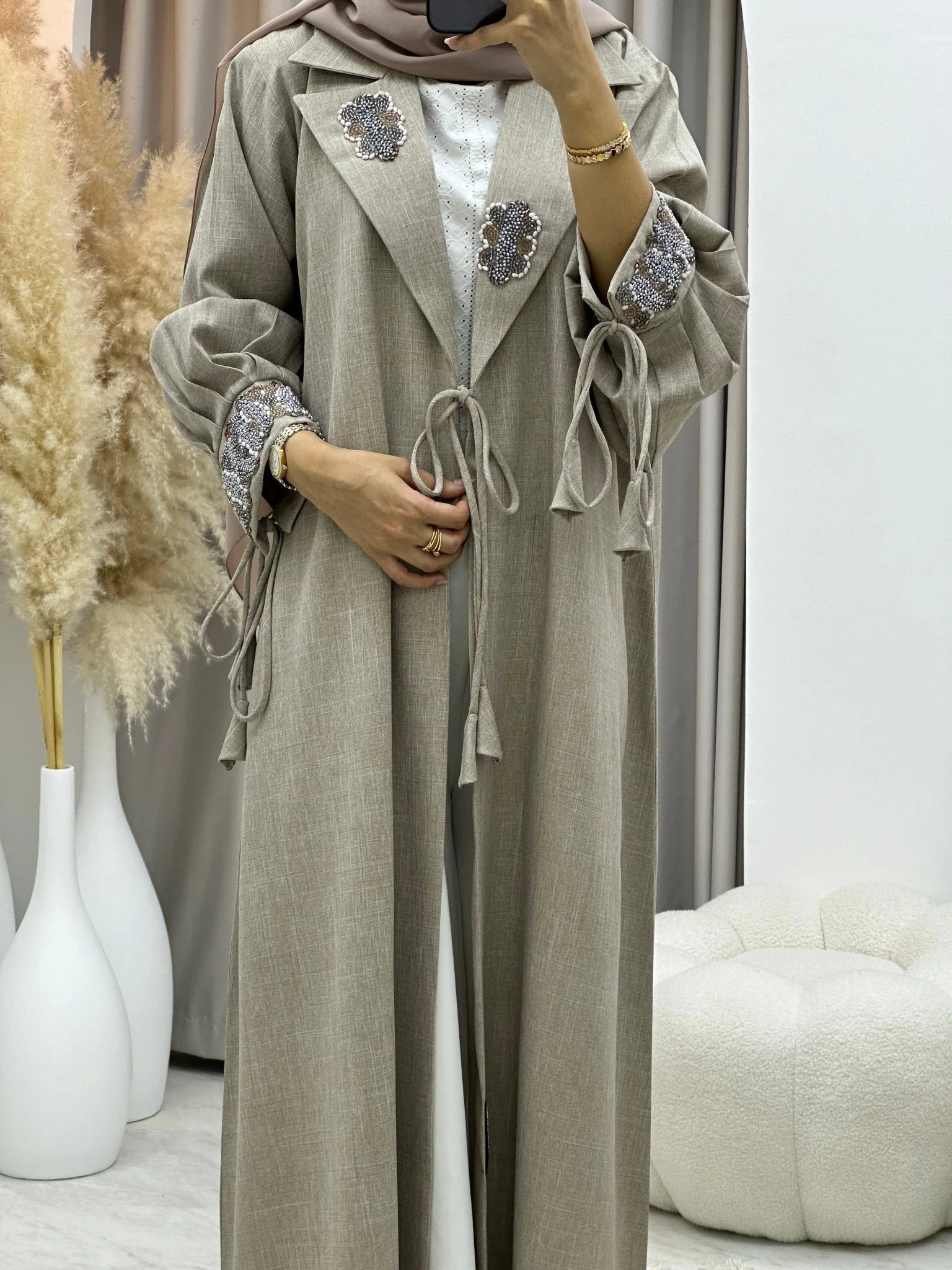 C RTW 0274 Beige Coat Beaded Abaya - Image 4