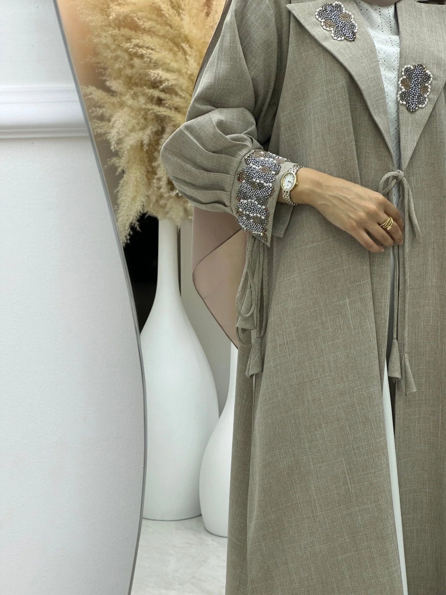 C RTW 0274 Beige Coat Beaded Abaya - Image 6