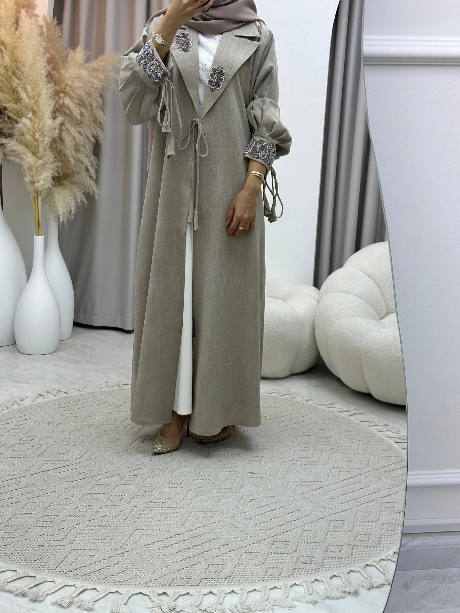 C RTW 0274 Beige Coat Beaded Abaya - Image 7