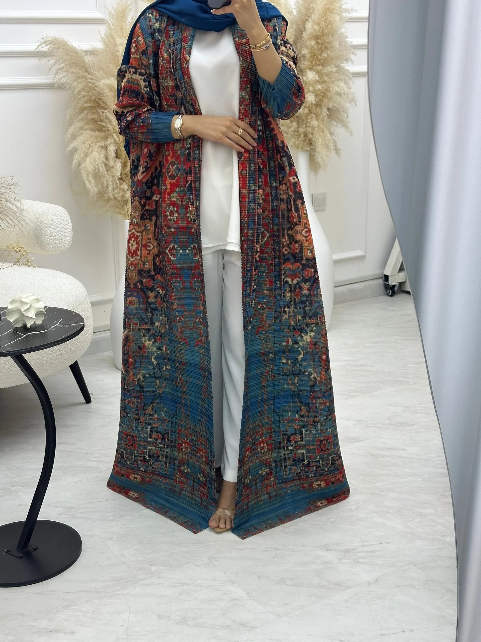 C RTW 03 Teal Pleated Print Abaya - Image 2
